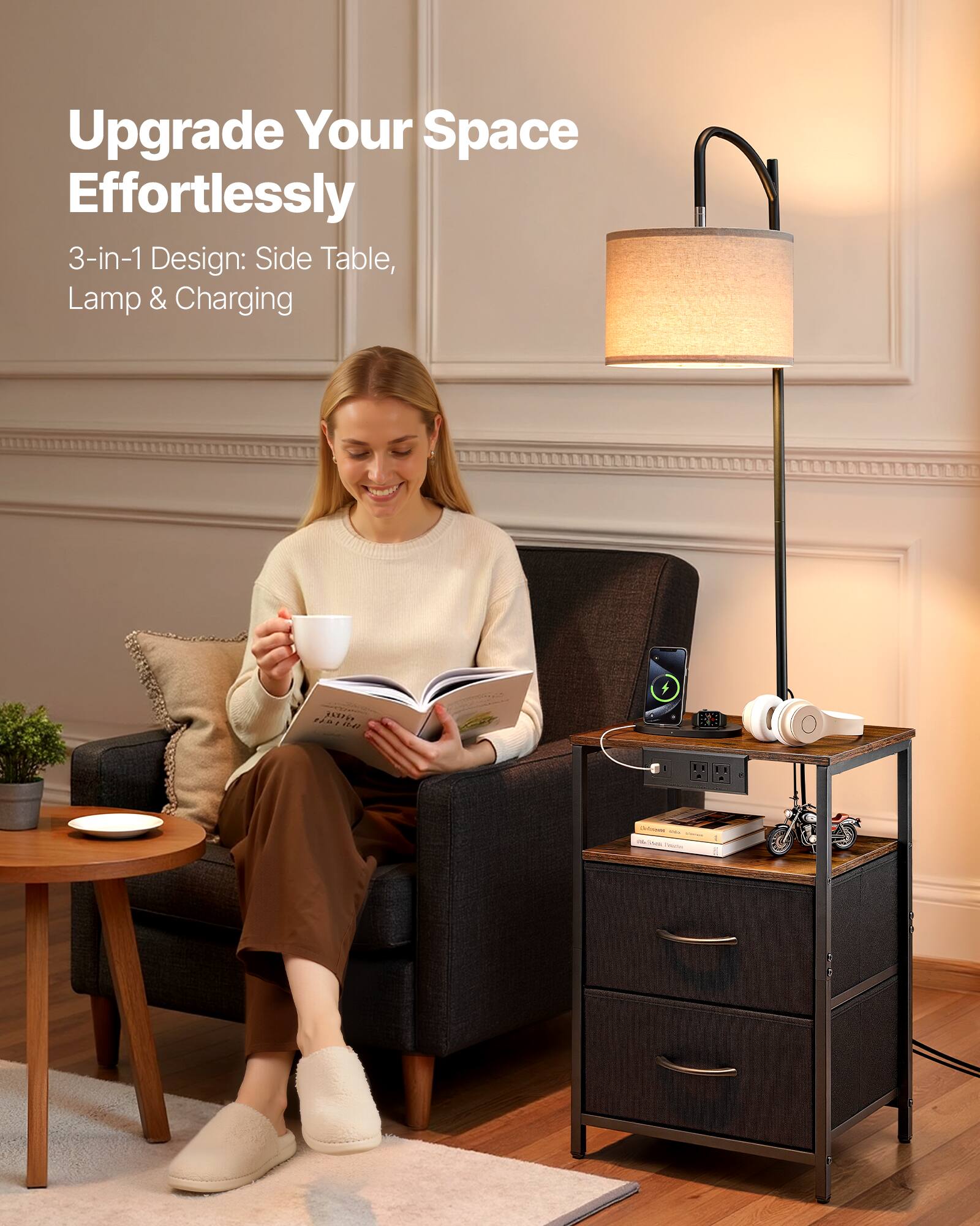 Upgrade Your Space Effortlessly  
3-in-1 Design: Side Table, Lamp & Charging