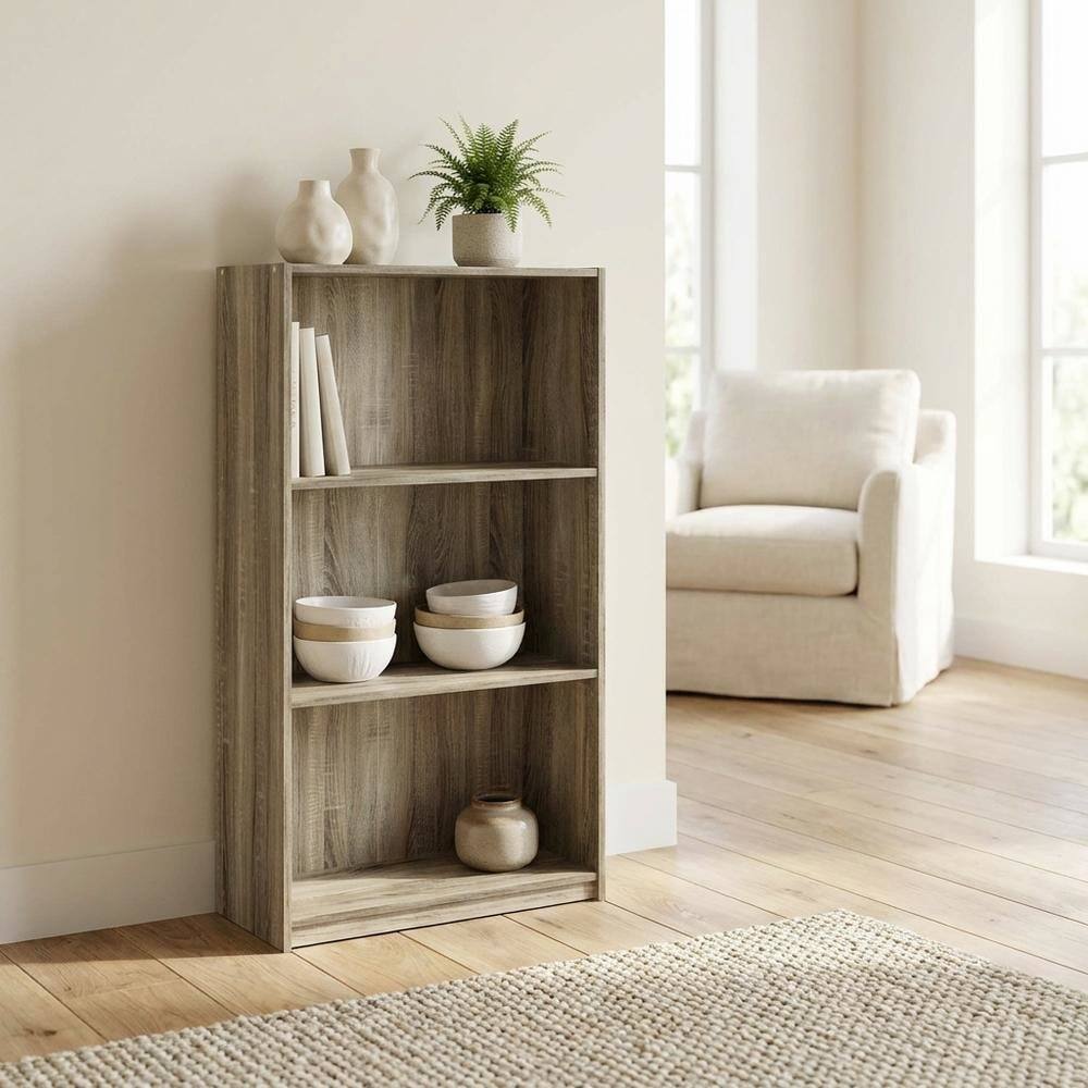 Left. FurniFact - 3-Tier Bookcase with Sonoma Oak Finish, Durable Wood Shelves for Home Storage - Sonoma Oak.
