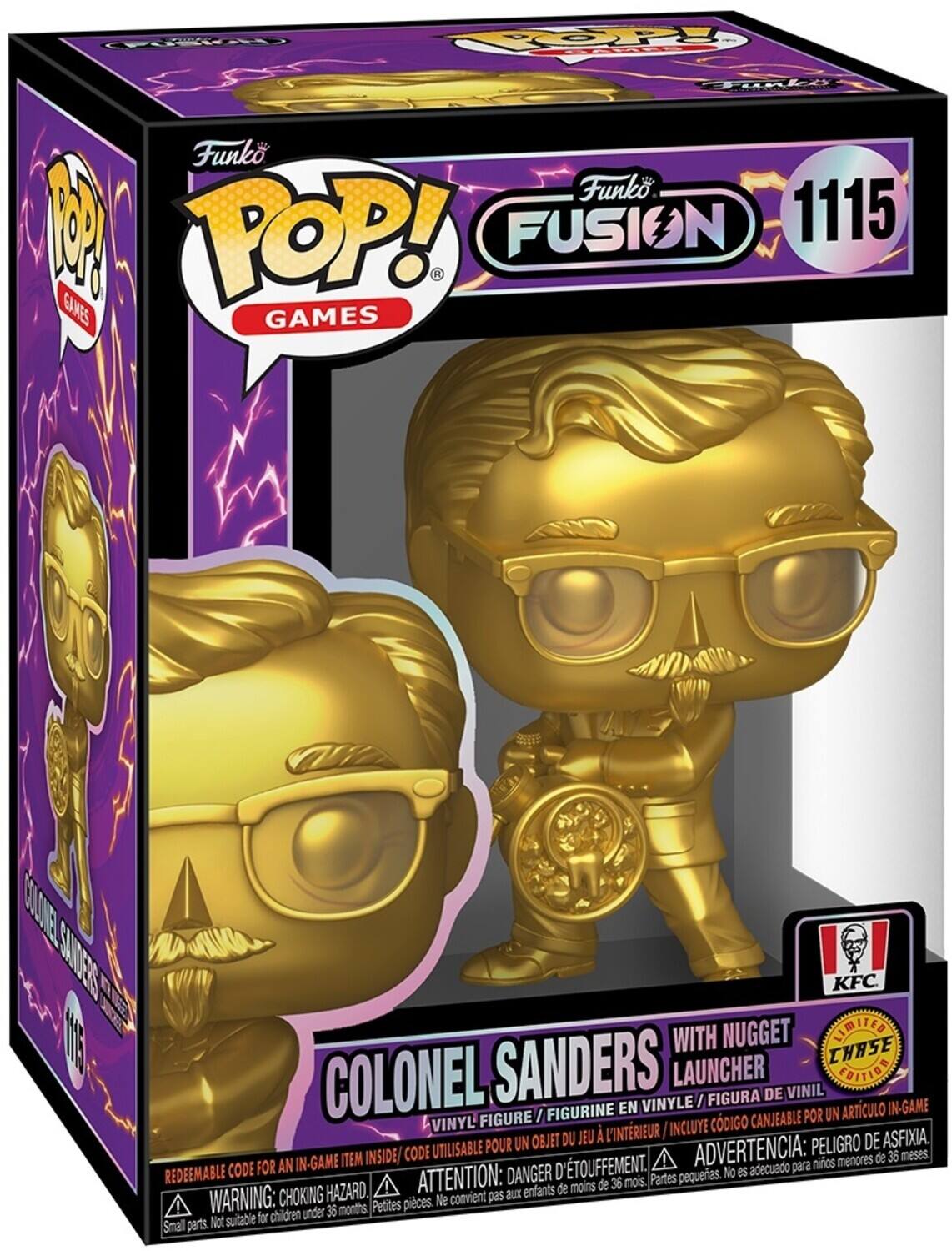 Funko POP! GAMES  
Funko FUSION 1115  
COLONEL SANDERS WITH NUGGET LAUNCHER  
VINYL FIGURE / FIGURINE EN VINYLE / FIGURA DE VINIL  
LIMITED EDITION / EDITION LIMITÉE / EDICIÓN LIMITADA  

INCLUDES REDEEMABLE CODE FOR AN IN-GAME ITEM INSIDE / CODE UTILISABLE POUR UN OBJET DE JEU À L'INTÉRIEUR / INCLUYE CÓDIGO CANJEABLE POR UN ARTÍCULO IN-GAME  

WARNING: CHOKING HAZARD. Not suitable for children under 36 months. / ATTENTION: DANGER D'ÉTOUFFEMENT. Ne convient pas aux enfants de moins de 36 mois. / ADVERTENCIA: PELIGRO DE ASFIXIA. No es adecuado para niños menores de 36 meses.