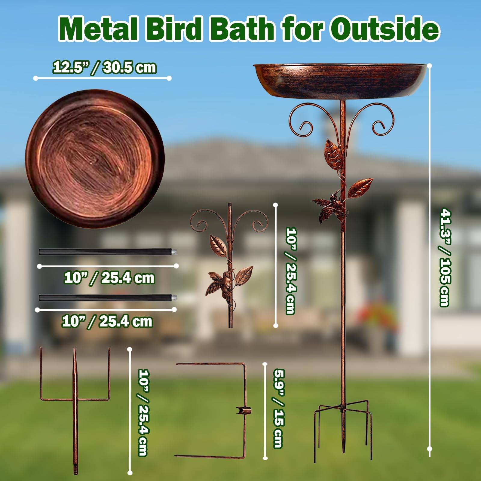 Metal Bird Bath for Outside

- 12.5" / 30.5 cm
- 10" / 25.4 cm
- 10" / 25.4 cm
- 10" / 25.4 cm
- 5.9" / 15 cm
- 41.3" / 105 cm