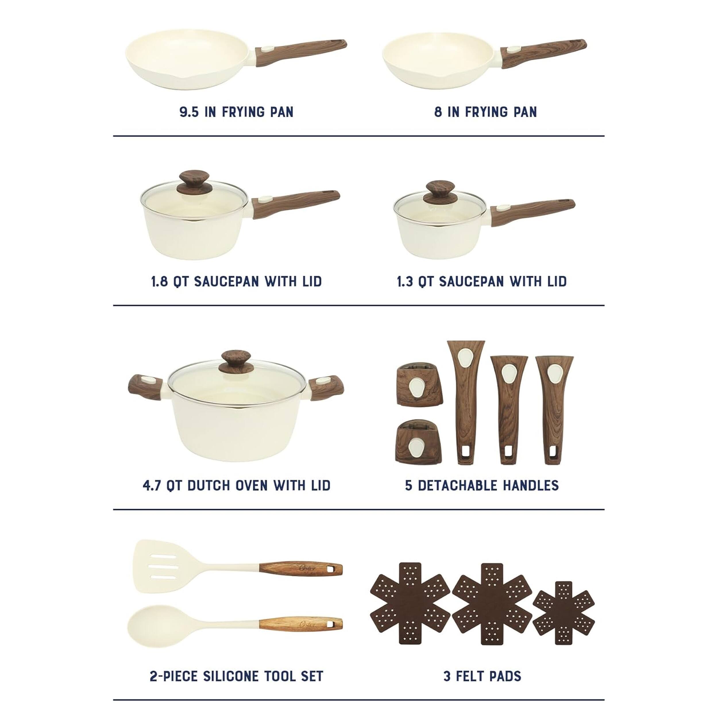 9.5 IN FRYING PAN  
8 IN FRYING PAN  
1.8 QT SAUCEPAN WITH LID  
1.3 QT SAUCEPAN WITH LID  
4.7 QT DUTCH OVEN WITH LID  
5 DETACHABLE HANDLES  
2-PIECE SILICONE TOOL SET  
3 FELT PADS