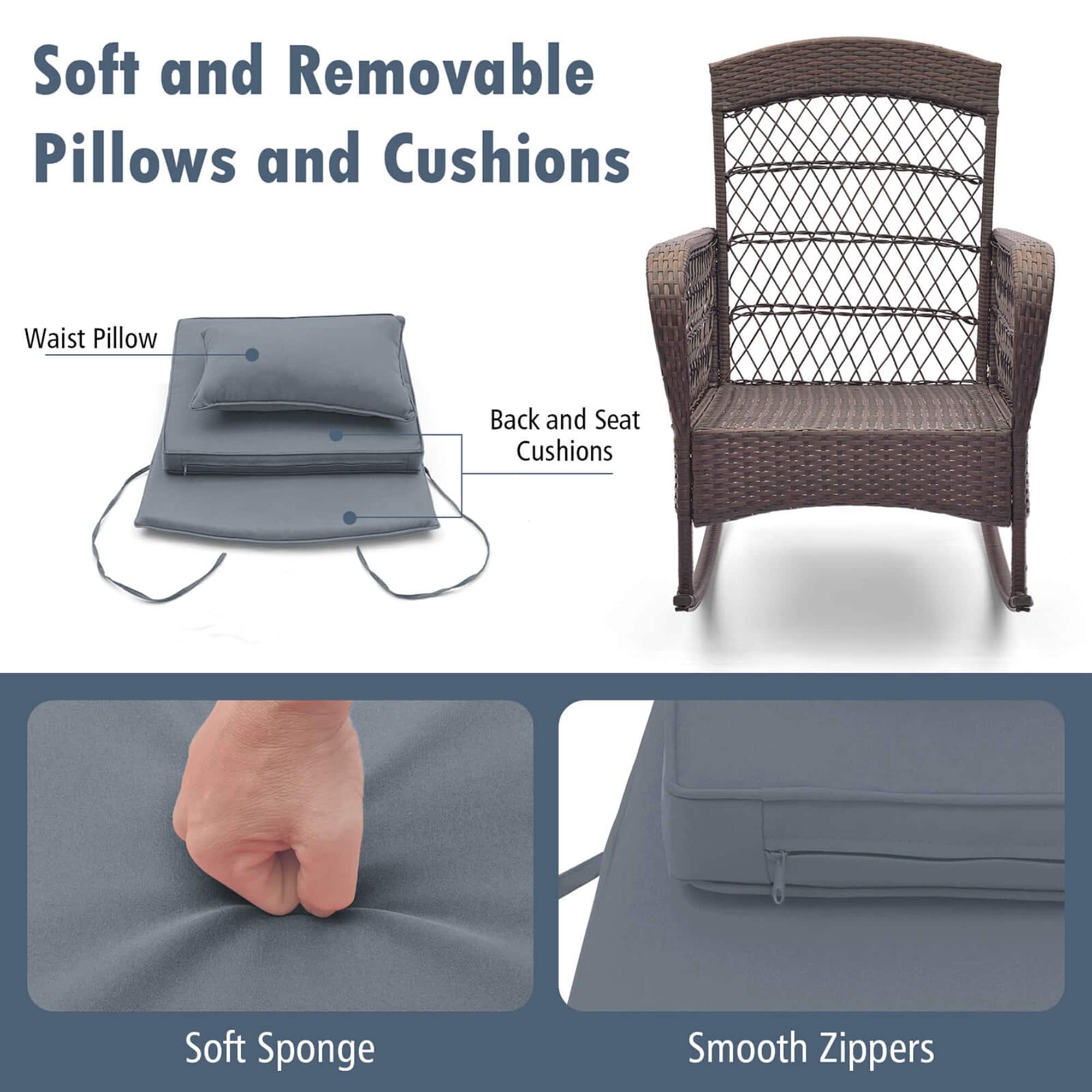 Soft and Removable Pillows and Cushions:
* Waist Pillow
* Back and Seat Cushions
* Soft Sponge
* Smooth Zippers