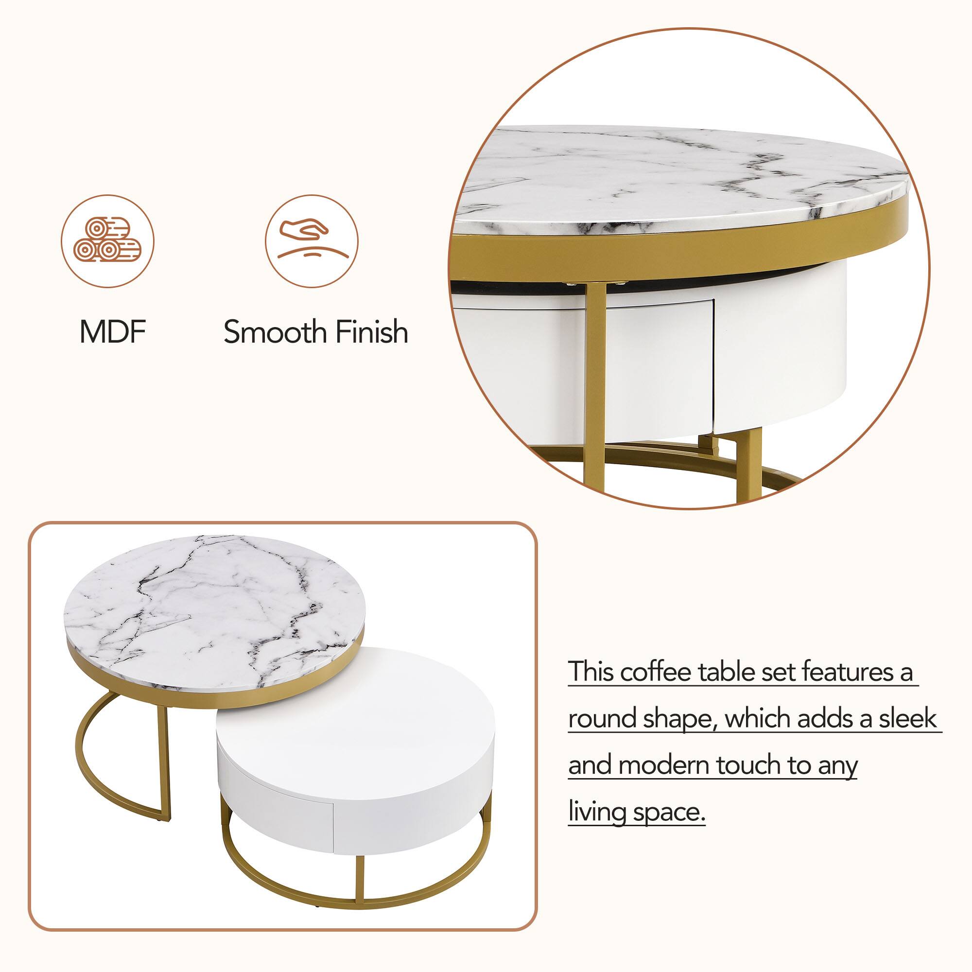 MDF Smooth Finish

This coffee table set features a round shape, which adds a sleek and modern touch to any living space.