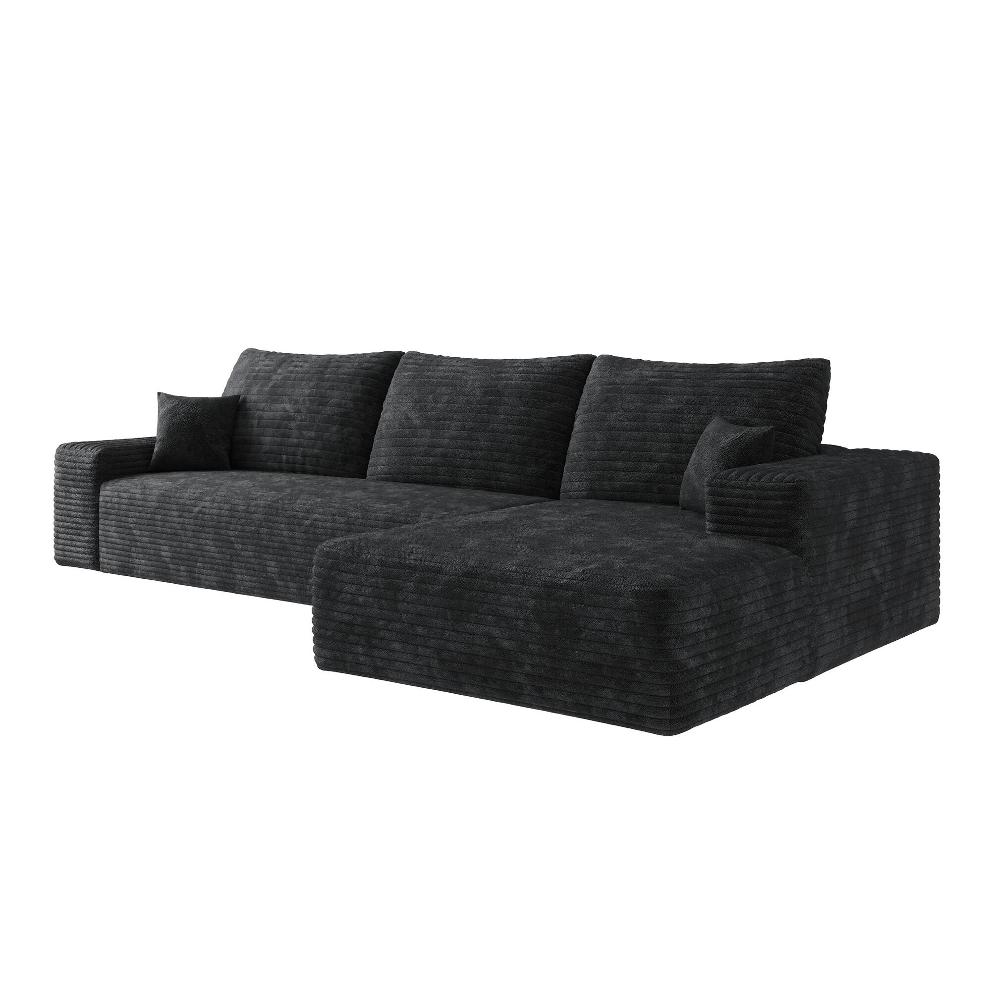 Back. Whisen - 107" Modular Sectional Sofa with L-Shape Chaise, 3-Seat Plush Corduroy Couch for Living Room, No Assembly - Black.