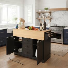 Forest'nSky - 55.7" Rolling Kitchen Island with 2 Drop-Leaf Tables – Power Outlet, 3 Drawers, Spice & Towel Racks - Black