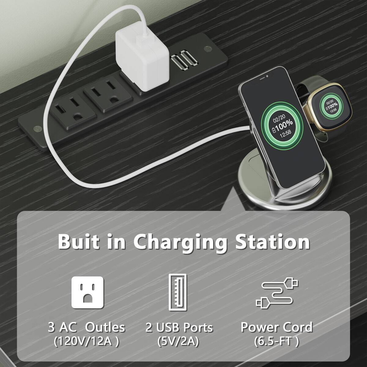 00 02/20 100% 8 12:58 02/20 8100% 12:58 Buit in Charging Station 3 AC Outlets (120V/12A) 2 USB Ports (5V/2A) Power Cord (6.5-FT)