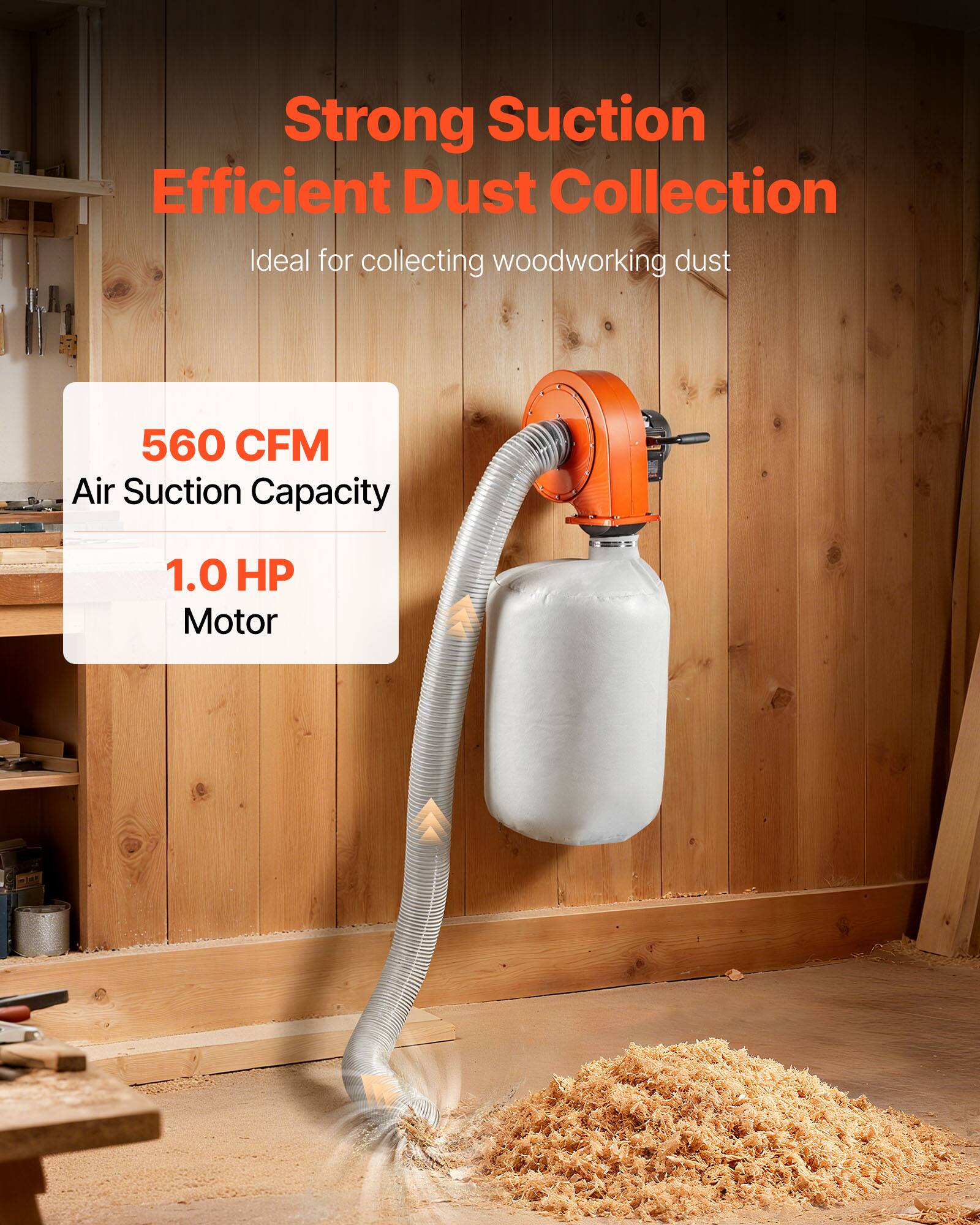 Strong Suction Efficient Dust Collection  
Ideal for collecting woodworking dust  

560 CFM Air Suction Capacity  
1.0 HP Motor