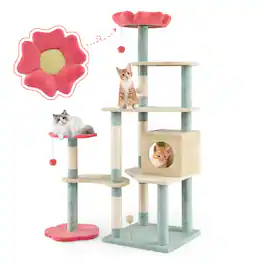 Costway - 61" Tall Cat Tree Multi-Level Aesthetic Floral Kitten Tower Indoor Cat Climbing Stand Activity Center - Beige,Blue,Red