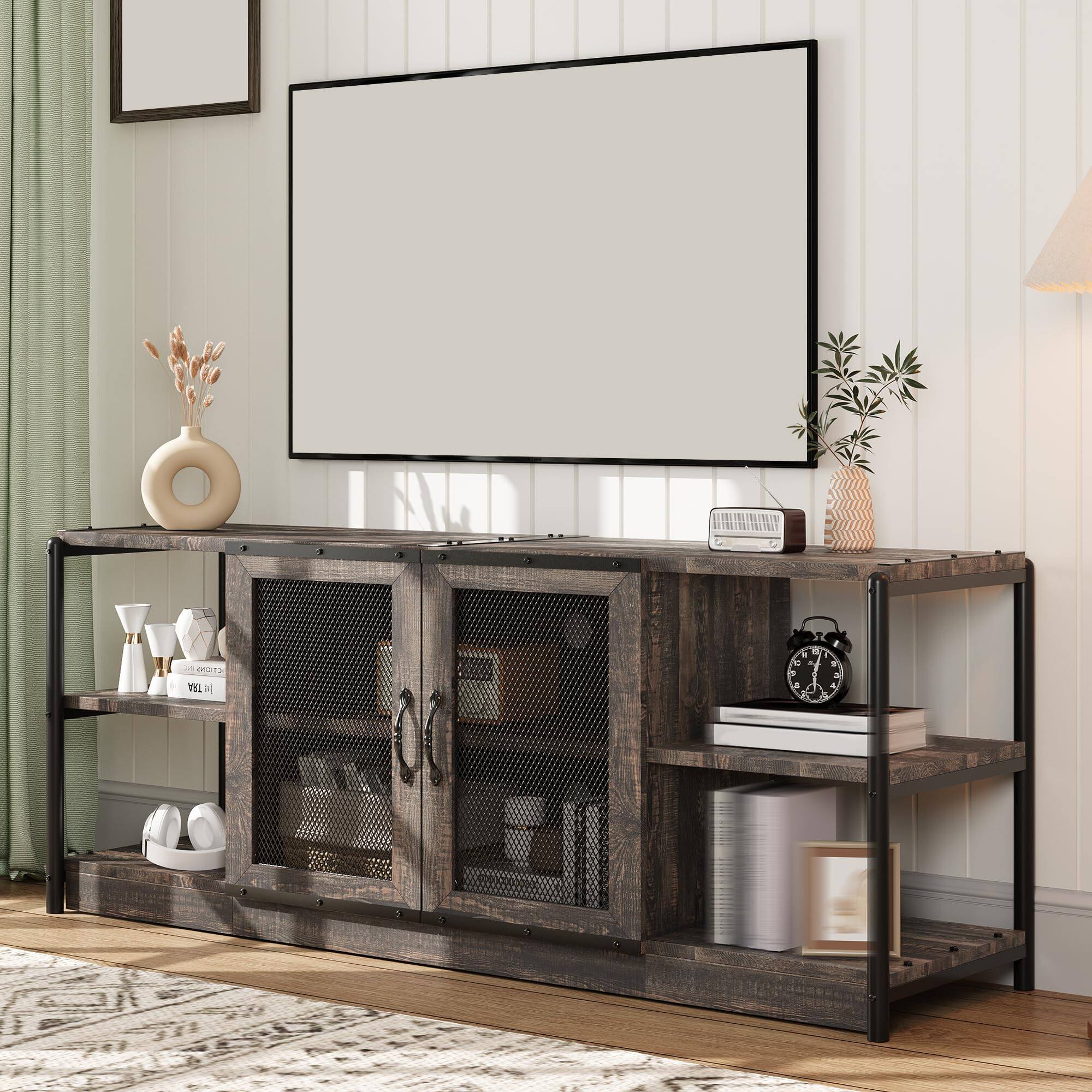 Acekool - Wood TV Stand for TVs up to 65/75 Inch Farmhouse Entertainment Center with Storage Cabinets and Mesh Doors - Oak