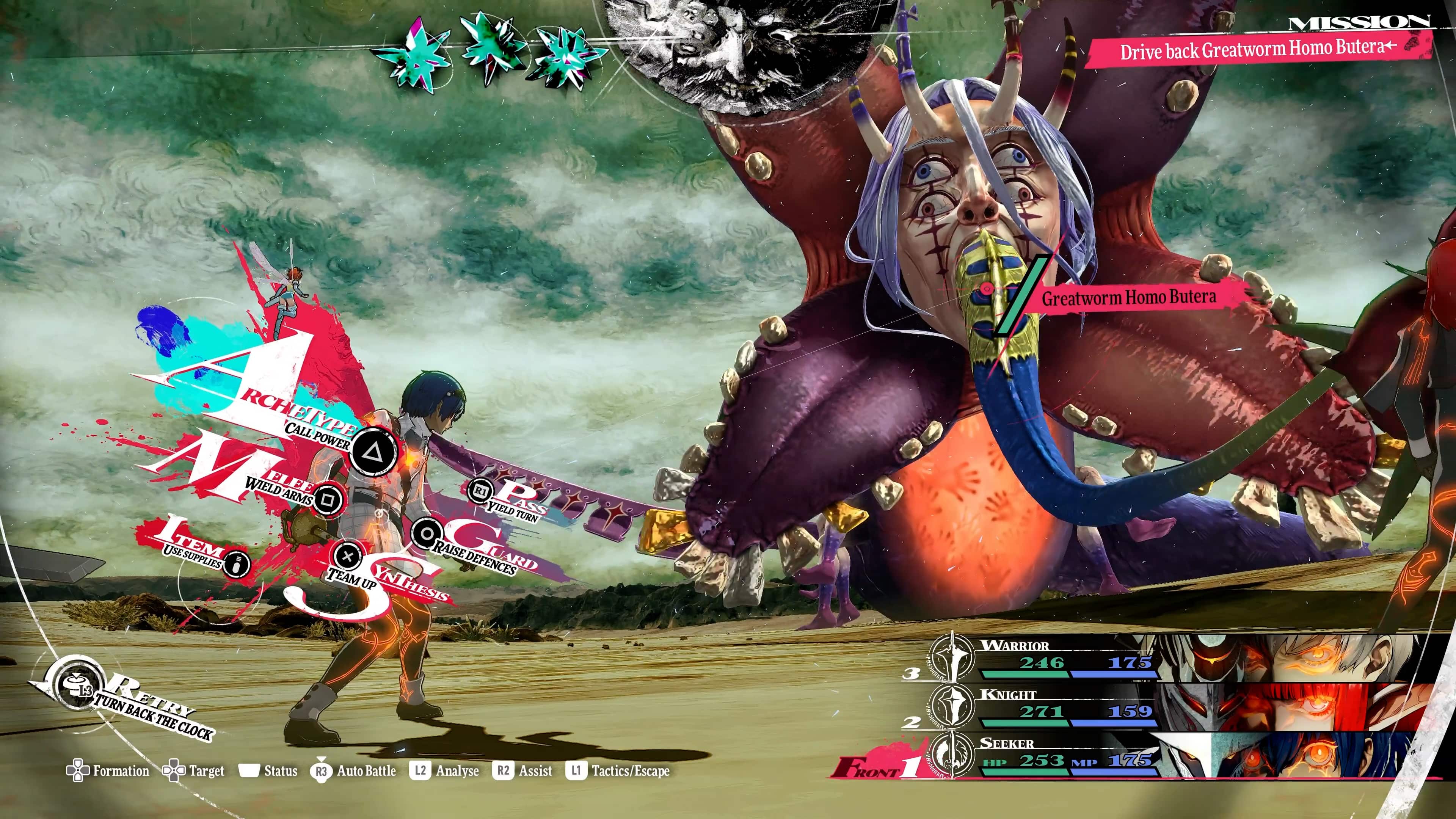 The text on the image is grouped and corrected as follows:
MISSION: Drive back Greatworm Homo Butera+
Greatworm Homo Butera RCHETYPE: CALL POWER WIELD ELLEE D RI ARMS YIELDTURN YIELD TURN USESUPPLIES TE x RAISE DEF UARD DEFENCES TEAM UP YNTHESIS B3 TURN RETRY BACK THE CLOCK Formation Target Status R3 Auto Battle L2 Analyse R2 Assist L1 Tactics/Escape 3 2 PRONT WARRIOR 246 175 KNIGHT 271 159 SEEKER HE 253 VP 175