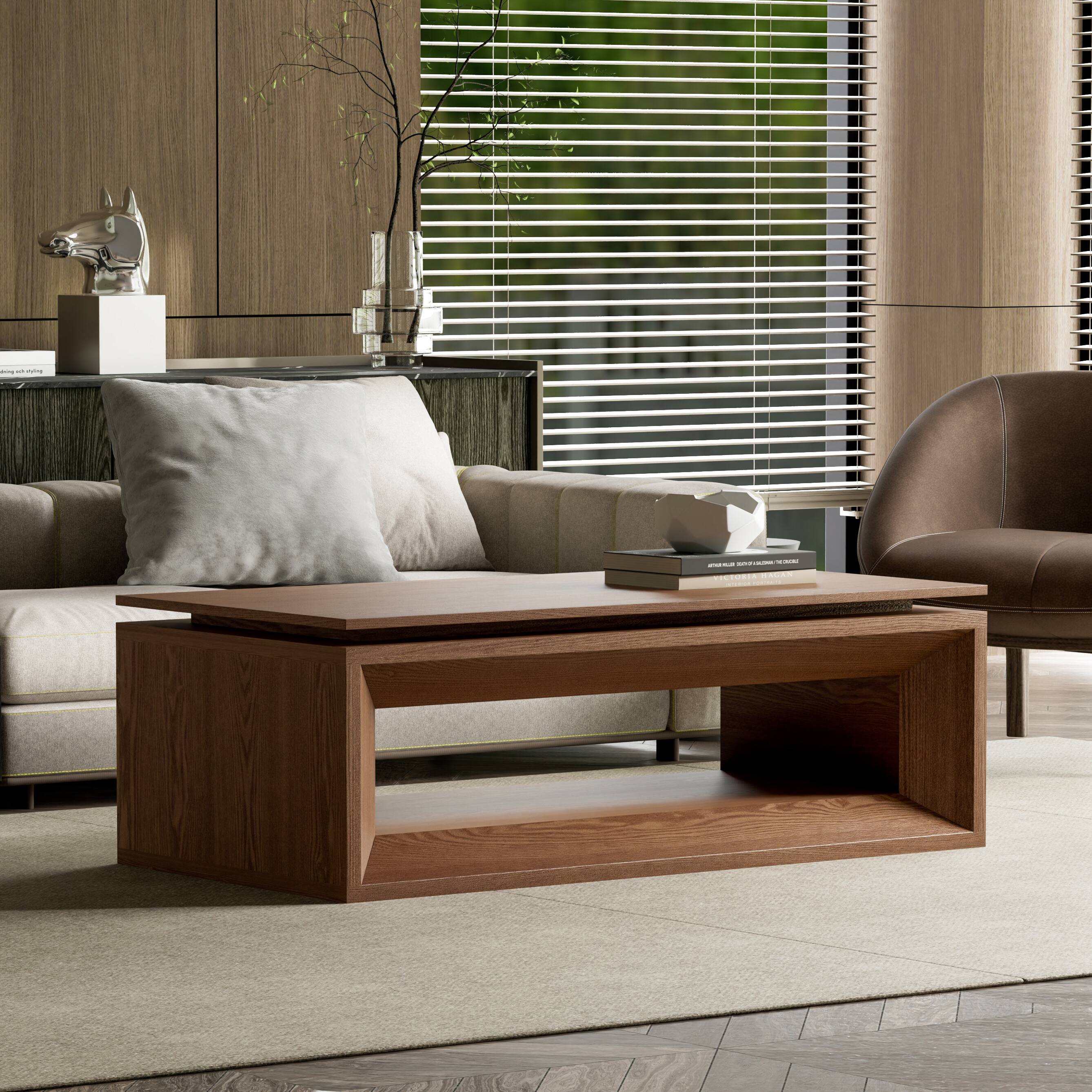 Angle. Loheer - Loheer 43.3 Inch Walnut Lift Top Coffee Table with Hidden Storage Adjustable Height Modern Tea Table for Living Room - Walnut.