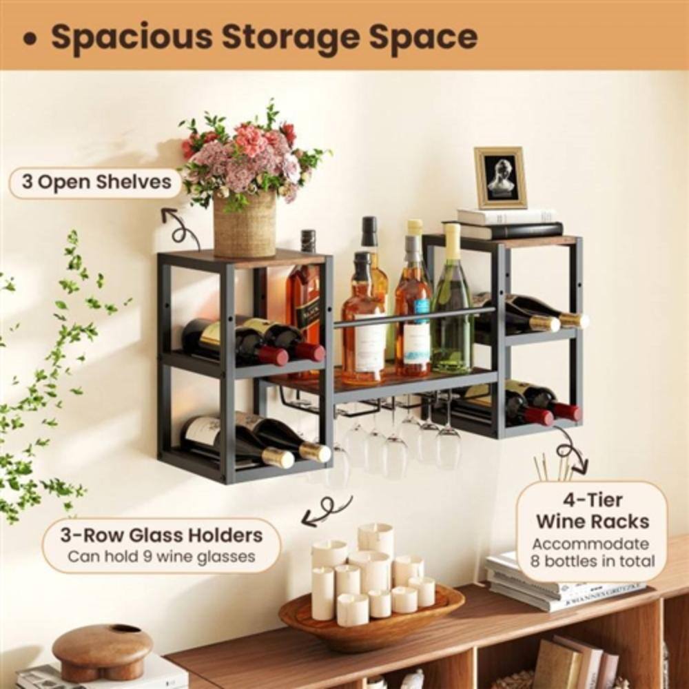 - Spacious Storage Space
  - 3 Open Shelves
  - 3-Row Glass Holders
    - Can hold 9 wine glasses
  - 4-Tier Wine Racks
    - Accommodate 8 bottles in total