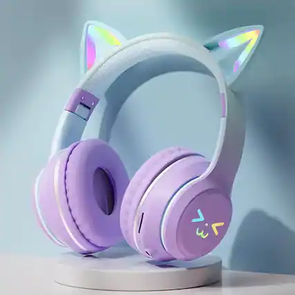 Front. YONWAY - Cute Cat Ear Bluetooth Headsets, LED Light Up Over Ear Headphones, Foldable Wireless Earphones for iPhone, iPad, Laptop.