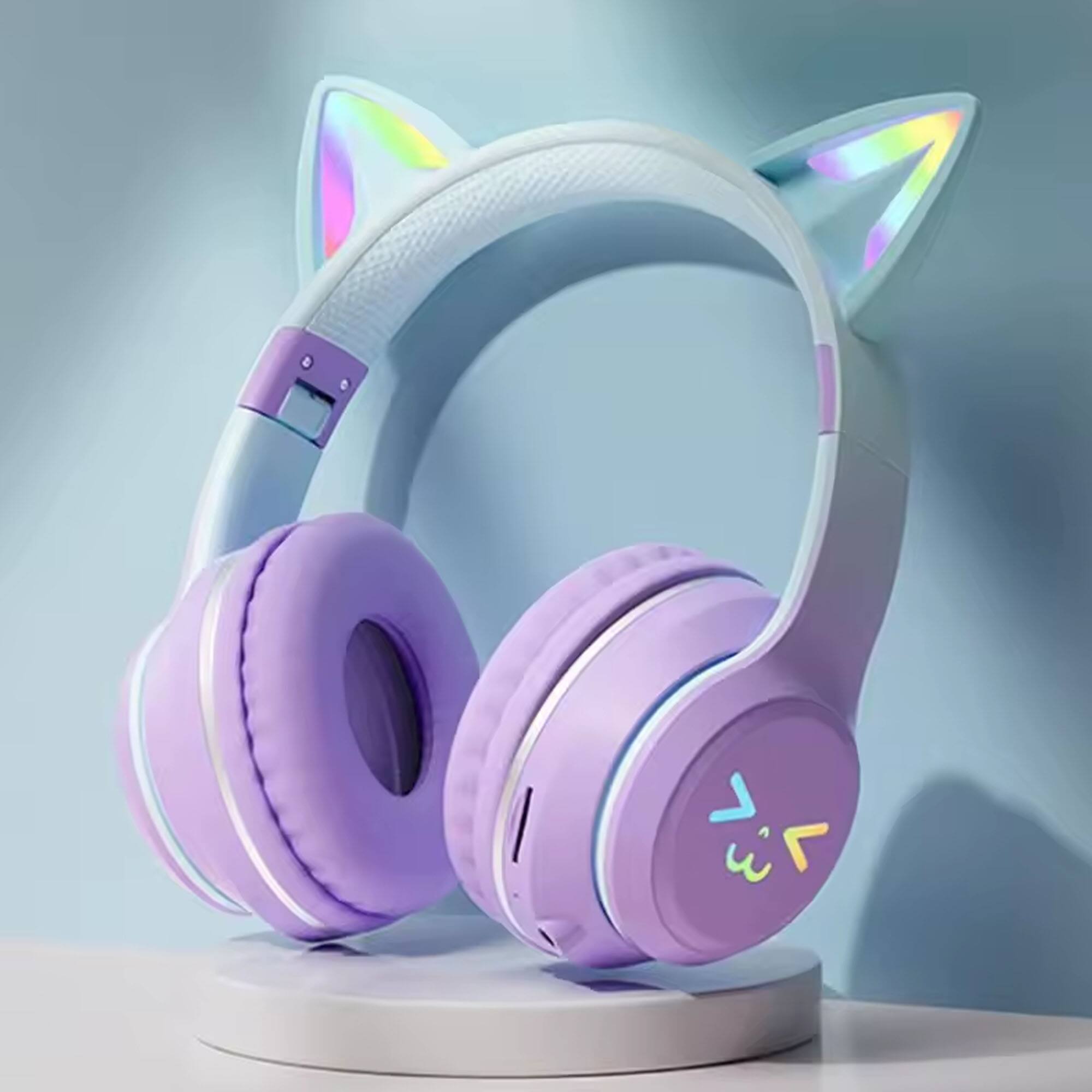 Front. YONWAY - Cute Cat Ear Bluetooth Headsets, LED Light Up Over Ear Headphones, Foldable Wireless Earphones for iPhone, iPad, Laptop.