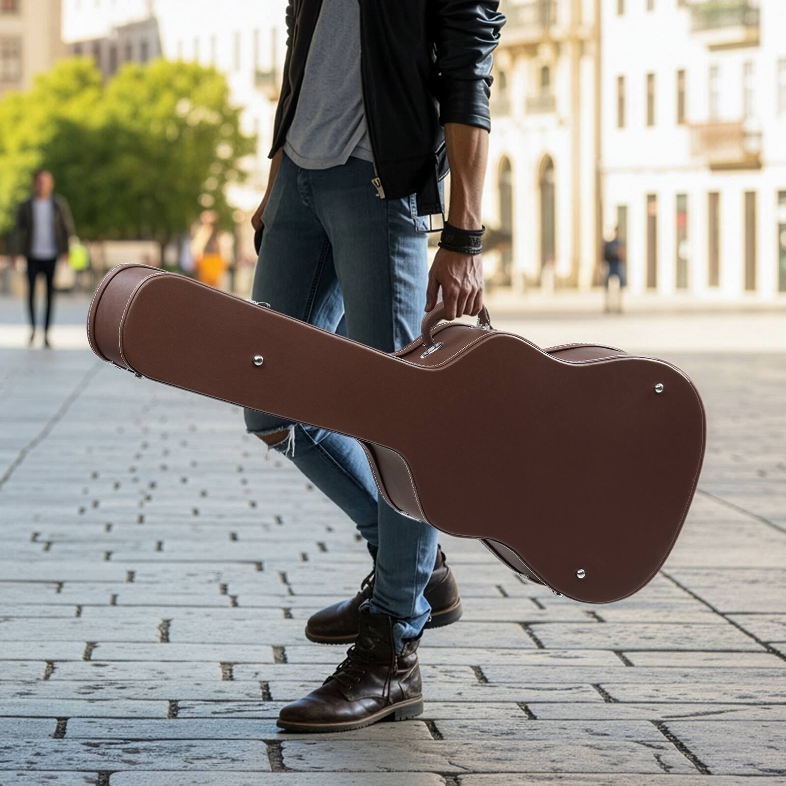 Left. Winado - Acoustic Guitar Hard Case Fits 41-Inch Guitars, PVC Leather Covered Lightweight Hardshell Case with Plush Lining.