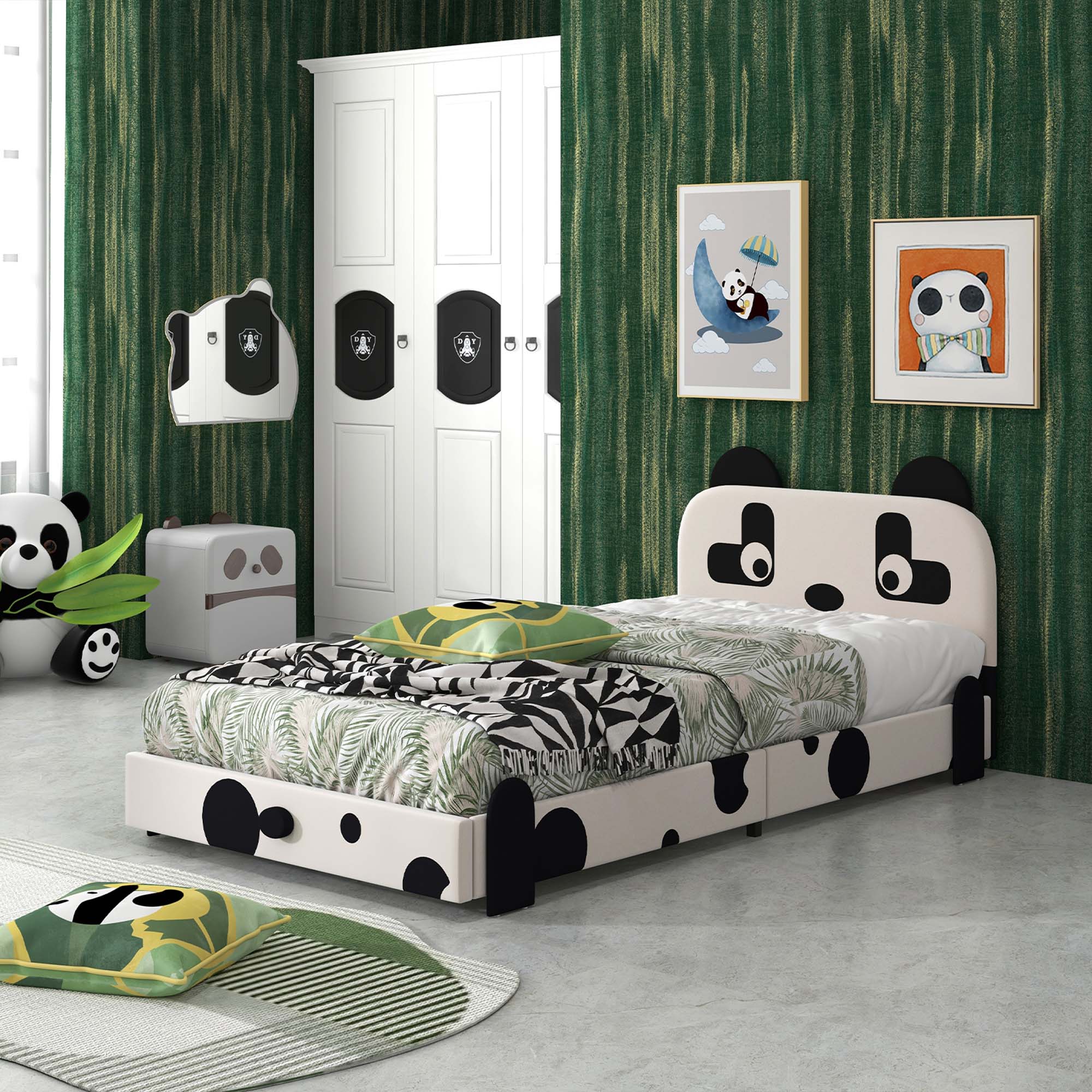 Alt View 1. Costway - Costway Twin Size Kids Bed Toddler Upholstered Low Profile Bed Frame with Panda Headboard - White.