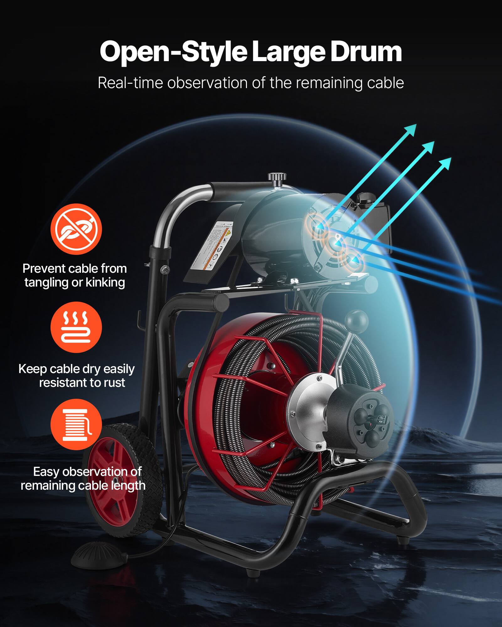 Open-Style Large Drum  
Real-time observation of the remaining cable  

- Prevent cable from tangling or kinking  
- Keep cable dry easily resistant to rust  
- Easy observation of remaining cable length