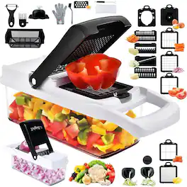 PARKER SLATER - 26-in-1 Vegetable Chopper with Container, Onion and Veg Cutter, Mandoline Slicer, Spiralizer - Black/White