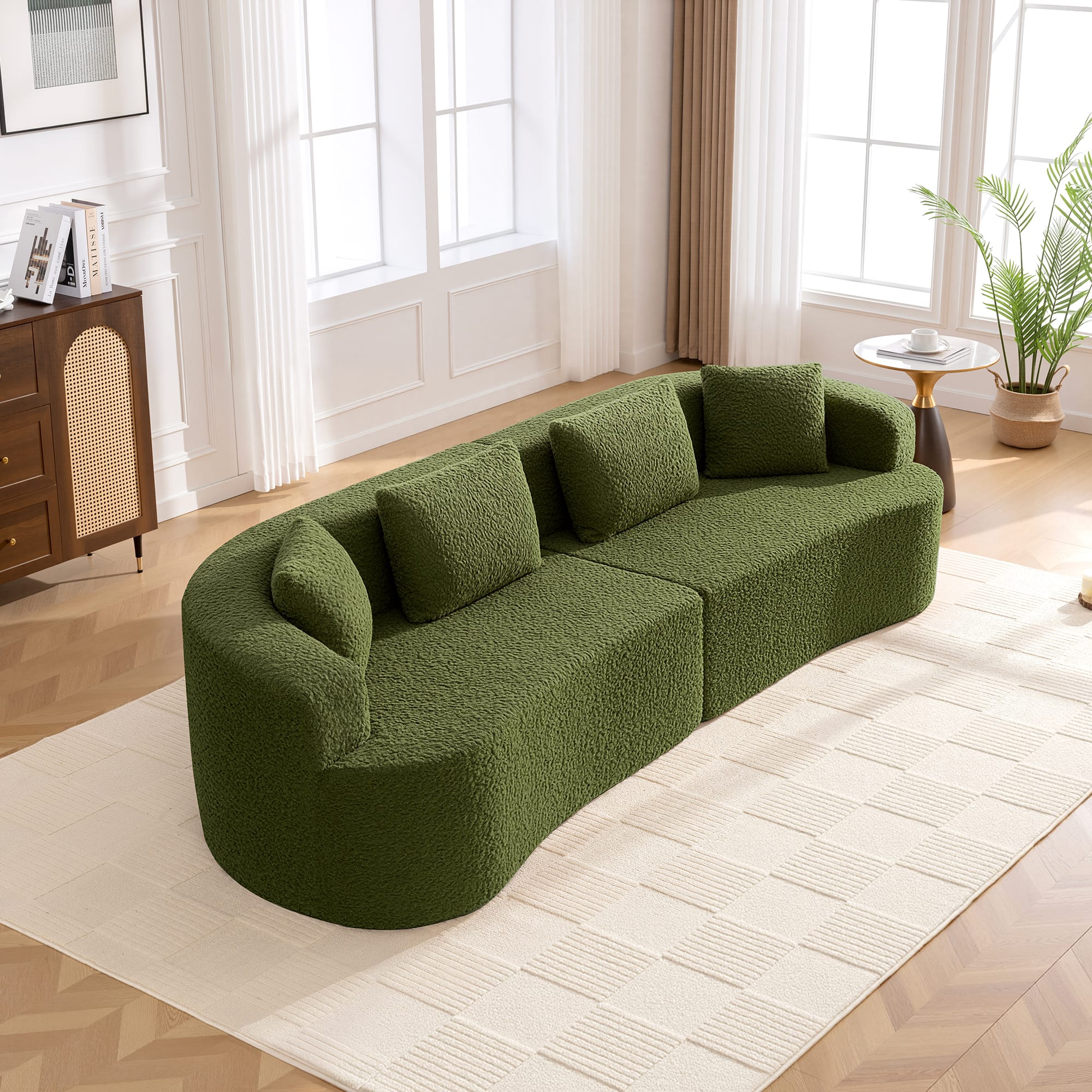 KERDOM - 112" Corduroy Curved Sectionals Sofa with 4 Pillows, Teddy Plush Floor Couch for Living Room and Apartment, No Install - Green