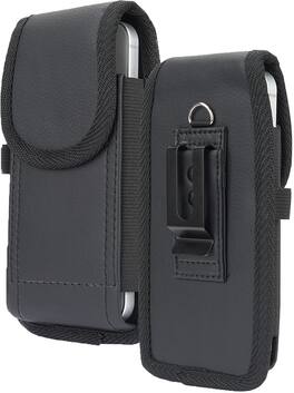 Nakedcellphone - Pouch Case for iPhone 17e 16 15 14 13 12 11 XR (with Metal Clip, Belt Harness, Magnetic Closure, Vegan Leather) - Black