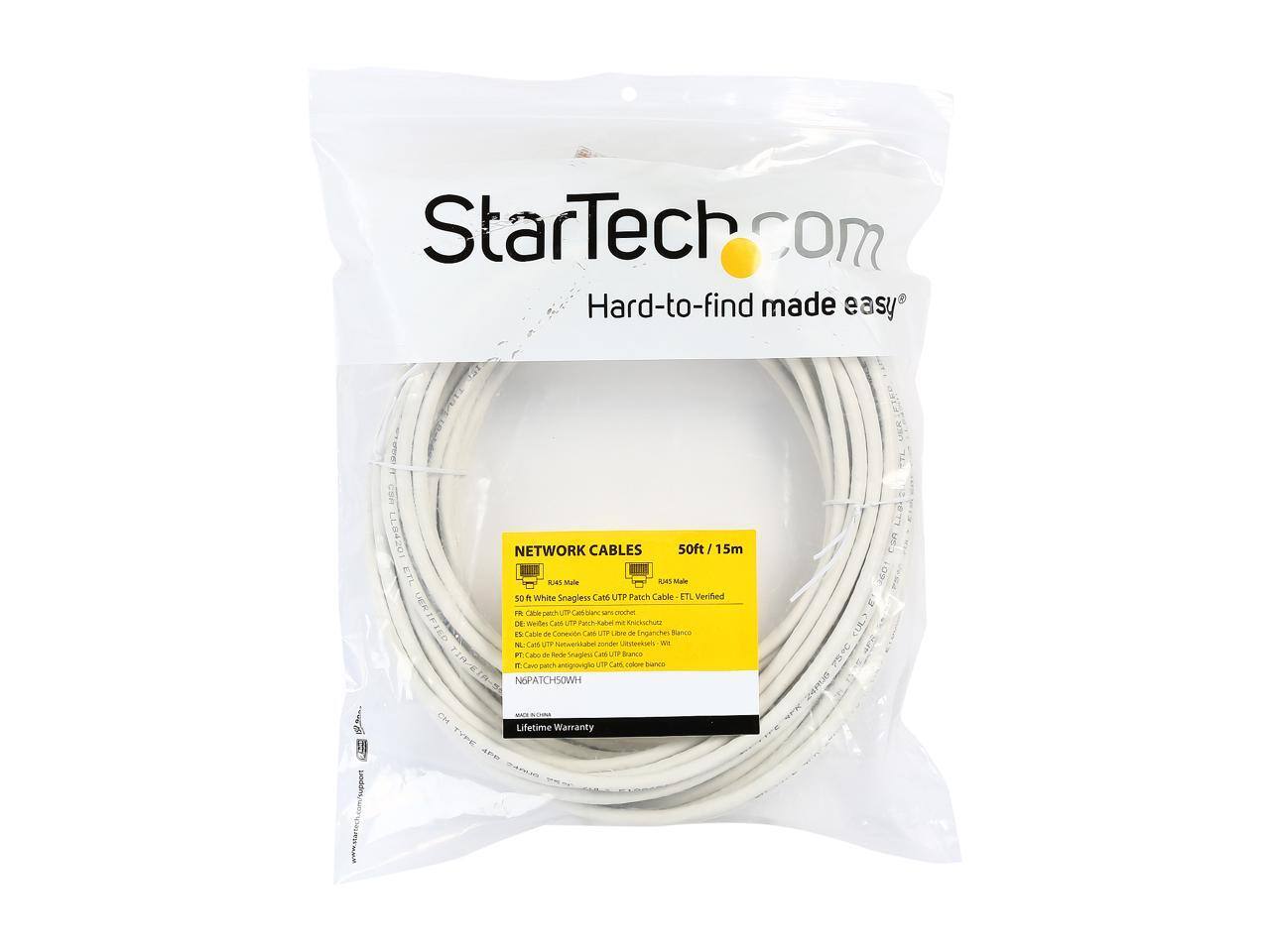 StarTech.com  
Hard-to-find made easy  

NETWORK CABLES  
50ft / 15m  

50 White Snagless Cat UTP Patch Cable - ETL Verified  

RJ45 Male  
RJ45 Male  

Lifetime Warranty