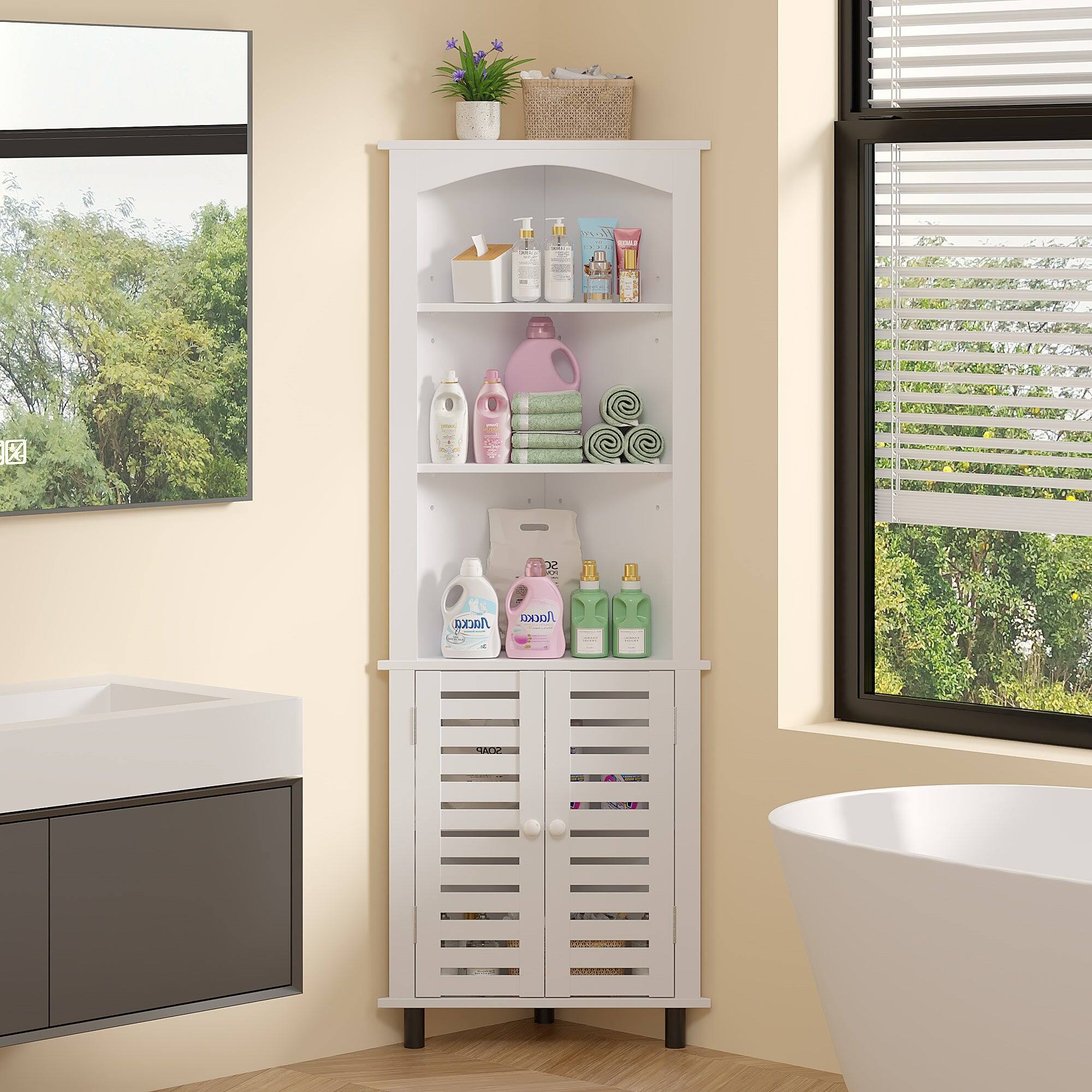 Alt View 1. Vecelo - 5 Tier Triangle Corner Storage Cabinet, Gray Corner Floor Cabinet with Adjustable Shelves & Doors - White.