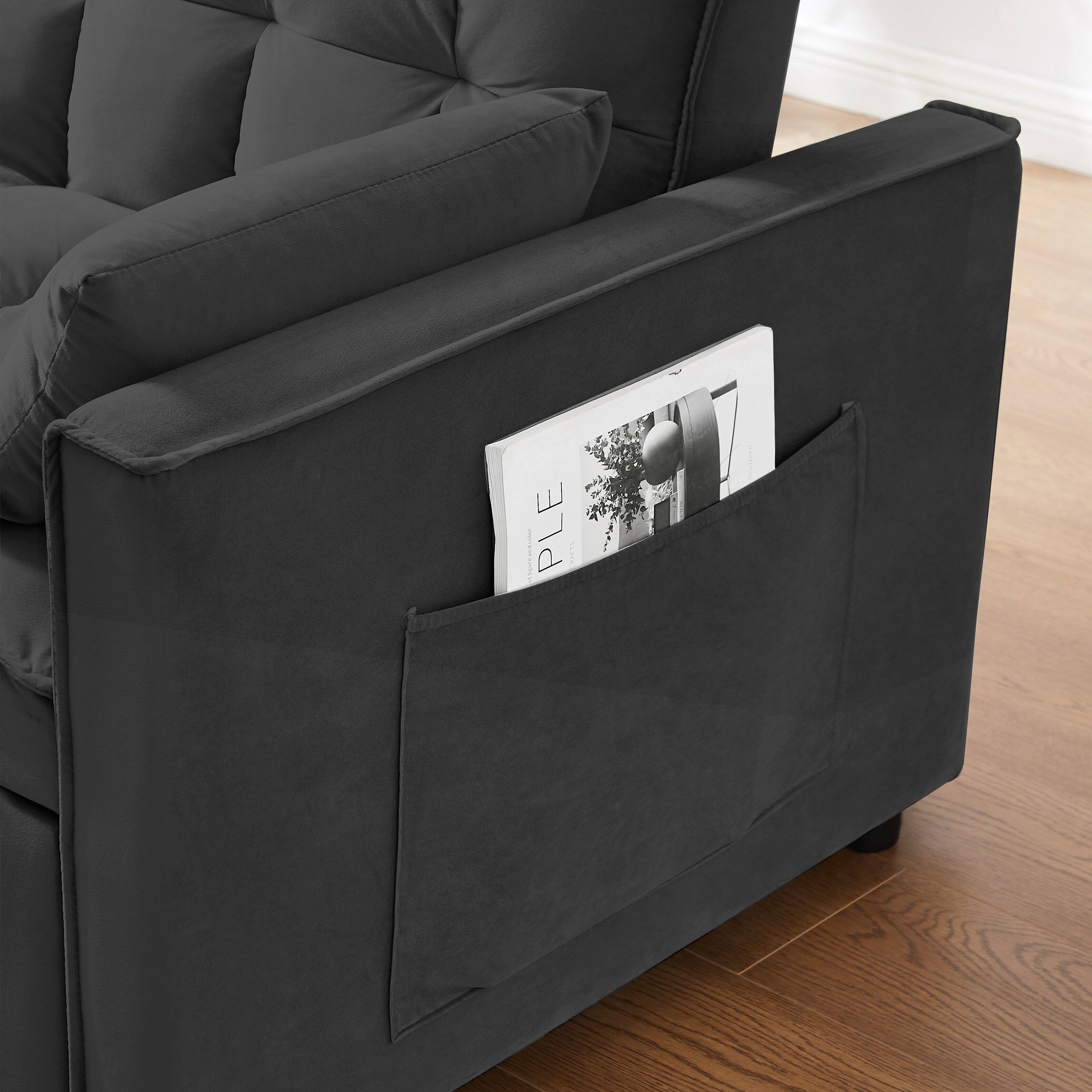 Alt View 1. Tiramisubest - 3-in-1 Modern Velvet Sleeper Loveseat,Reclining Backrest,Pullout Bed&Storage Pockets with Pillows for Living Room,Black - Black.