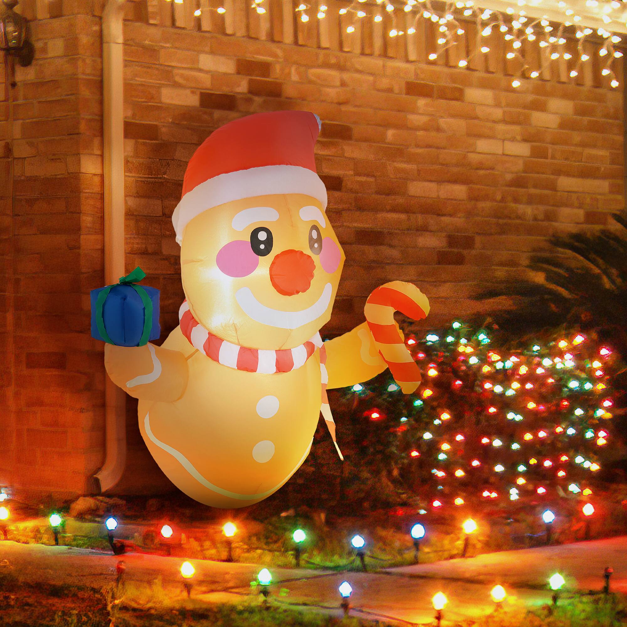 Alt View 8. Outsunny - 3.4' Christmas Inflatables Hanging Gingerbread Man Holding Gift Box and Candy Cane with White LED Light for Garden Party - Brown.