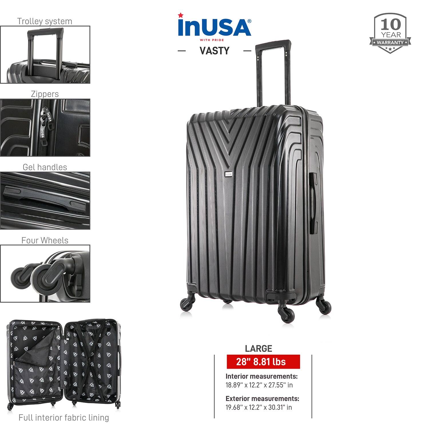 - Trolley system
- Zippers
- Gel handles
- Four Wheels
- Full interior fabric lining

LARGE  
28" 8.81 lbs  
Interior measurements: 18.89" x 12.2" x 27.55" in  
Exterior measurements: 19.68" x 12.2" x 30.31" in

10 YEAR WARRANTY