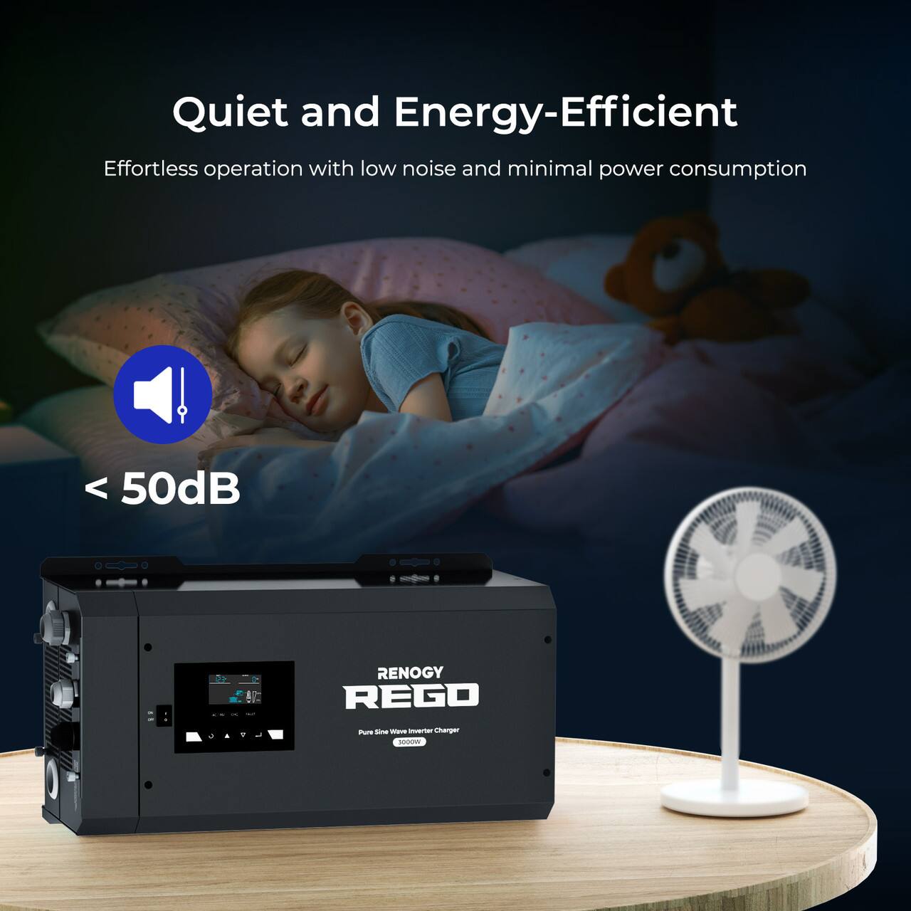 Quiet and Energy-Efficient: Effortless operation with low noise and minimal power consumption. < 50dB. Renogy REGO 500W Sine Wave Inverter Charger.