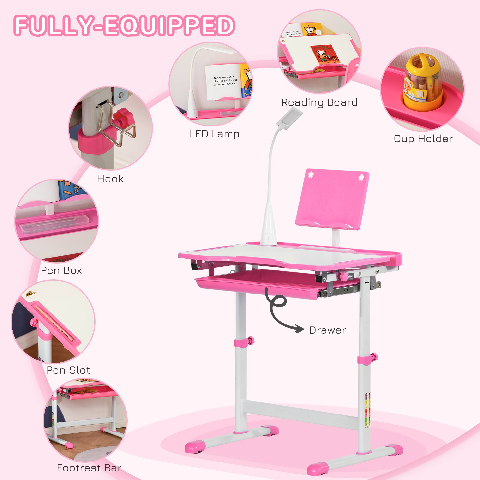 FULLY-EQUIPPED

- LED Lamp
- Reading Board
- Cup Holder
- Hook
- Pen Box
- Pen Slot
- Drawer
- Footrest Bar