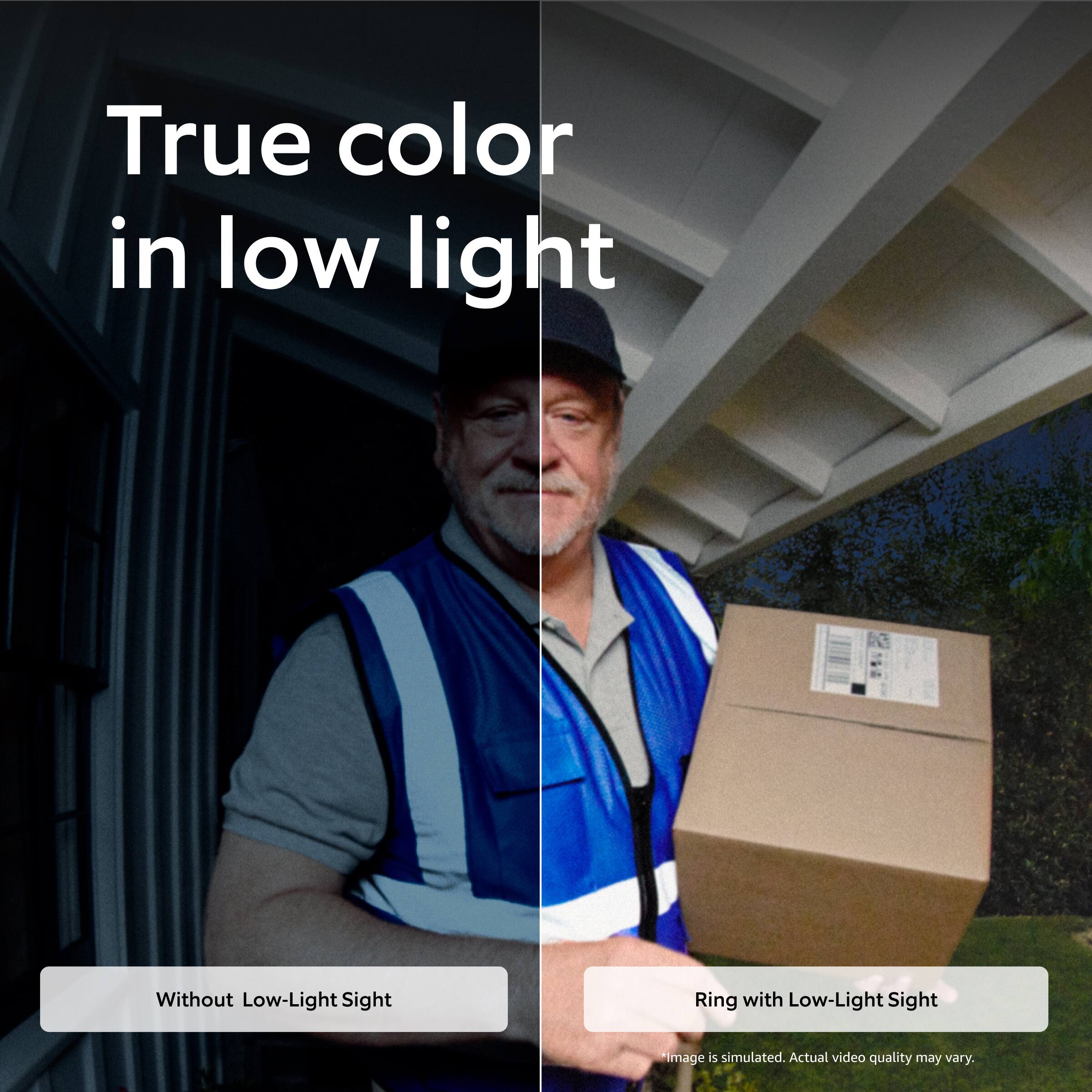 True color in low light

Without Low-Light Sight

Ring with Low-Light Sight

*Image is simulated. Actual video quality may vary.