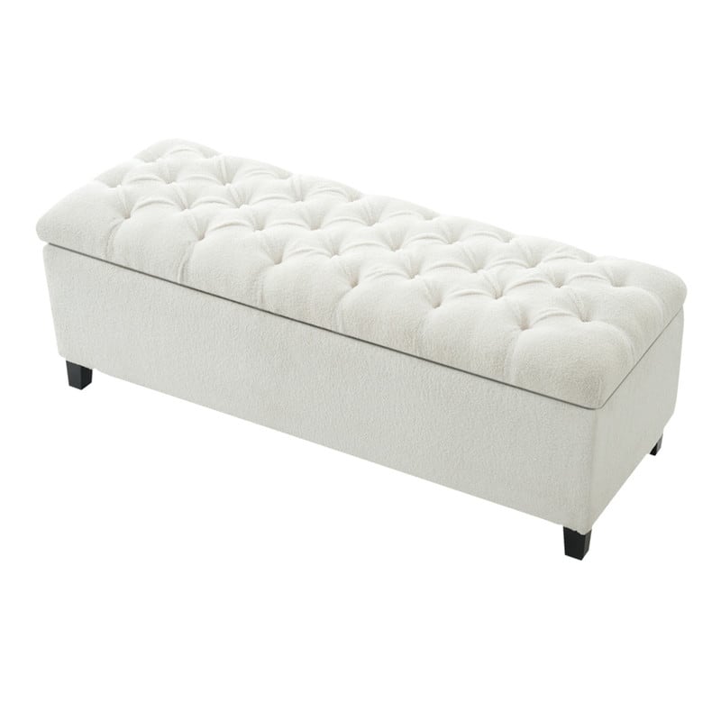 HTUTWOO - Ottoman Bench with Storage - Boucle Surface, Rubber Wood Legs, 300 lbs Capacity,MDF/Pine/Plywood Construction - White