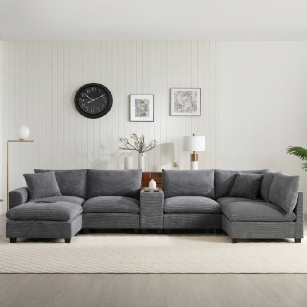 Alt View 4. LUCKY ONE - 139" U-Shape Modular Corduroy Sectional Sofa w/ Console USB Charger Storage Ottoman - Gray.