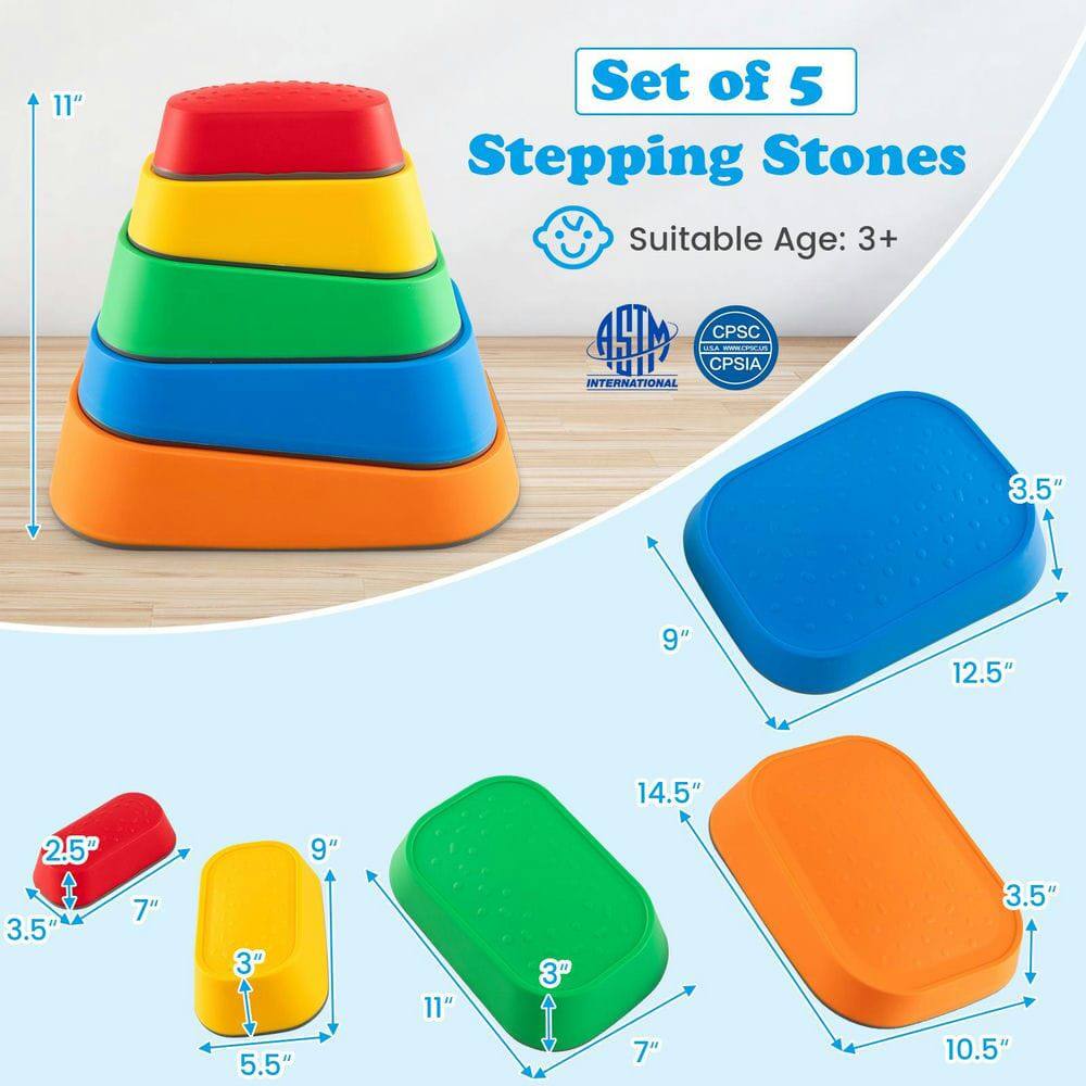 11" Set of 5 Stepping Stones  
Suitable Age: 3+  
SM CPSC MSA  
CPSIA INTERNATIONAL  

Dimensions:  
- 2.5" x 3.5" x 7"  
- 3" x 5.5" x 9"  
- 3" x 7" x 11"  
- 3.5" x 9" x 12.5"  
- 3.5" x 10.5" x 14.5"