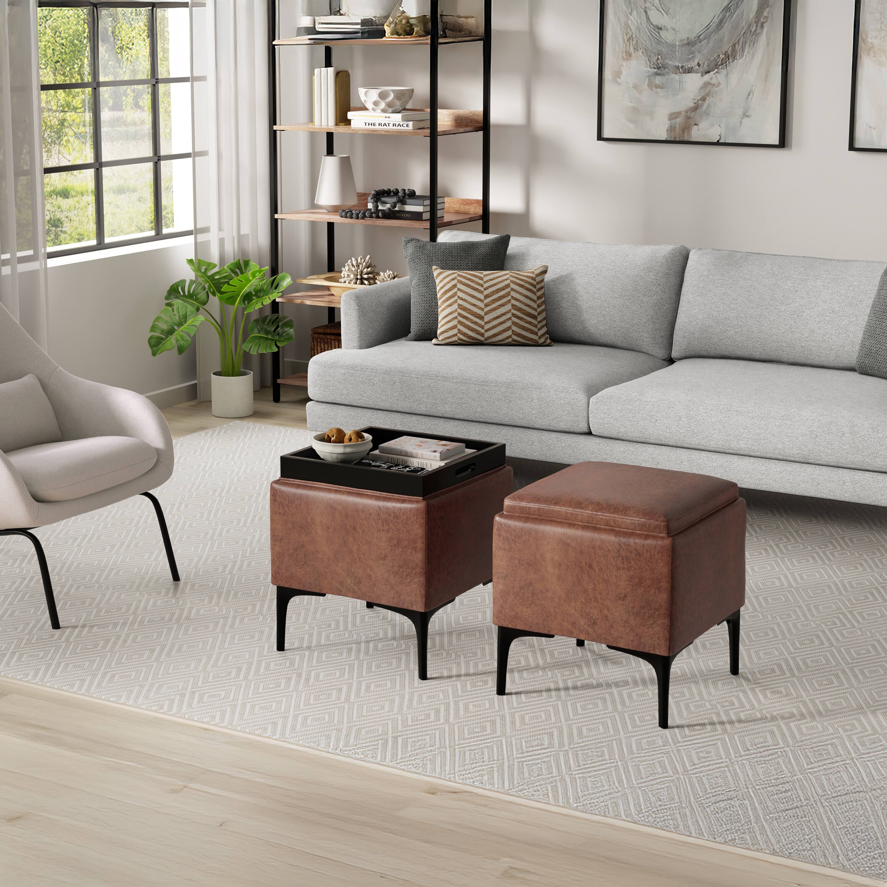 Left. Simpli Home - Natasha 18 inch Square Mid Century Storage Ottoman with Tray in Distressed Saddle Brown  Vegan Faux Leather, Assembled - Distressed Saddle Brown.