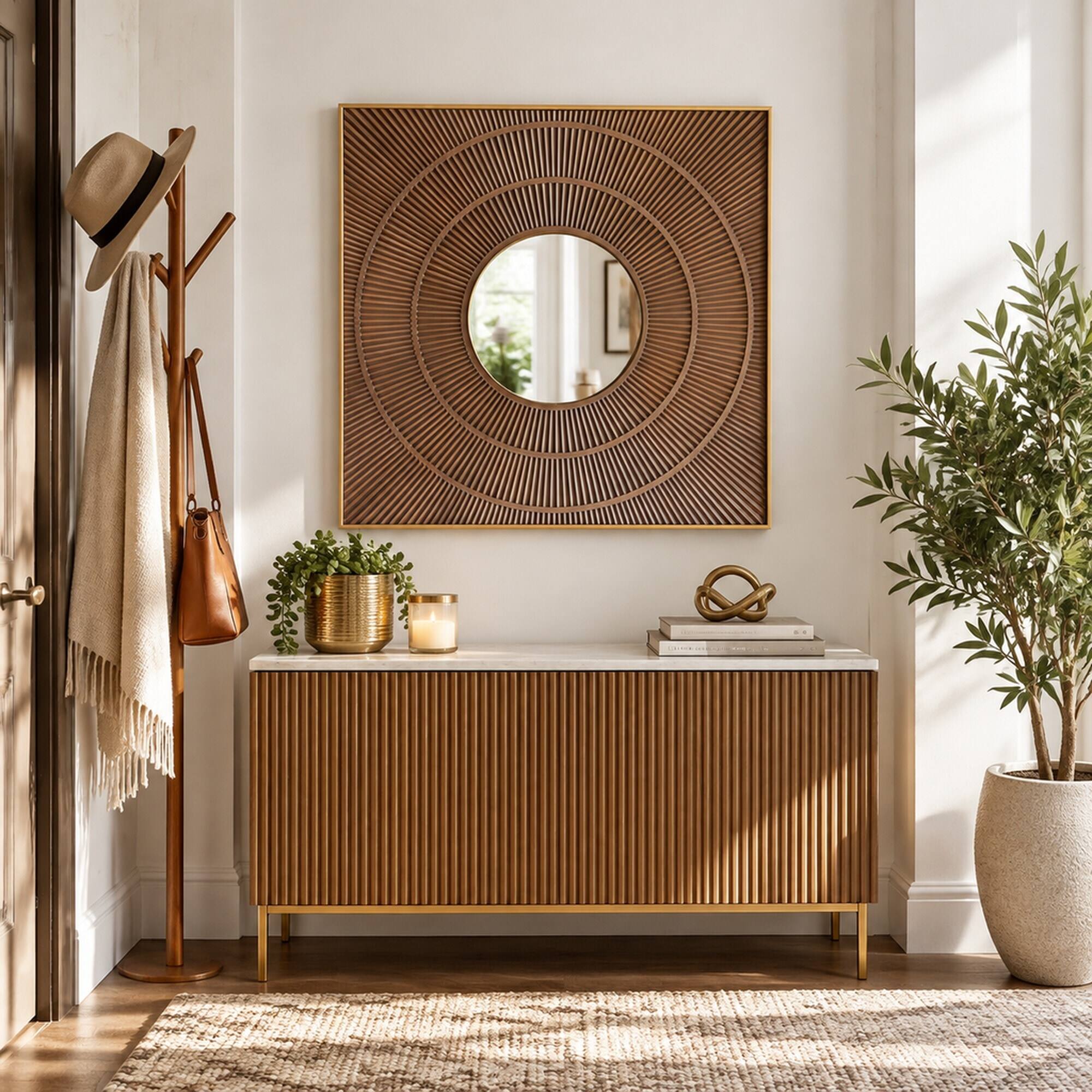 RYHNUYNE 40 in Square Carved Wall Mirror, Gold Iron Frame, Pleated Ring ...