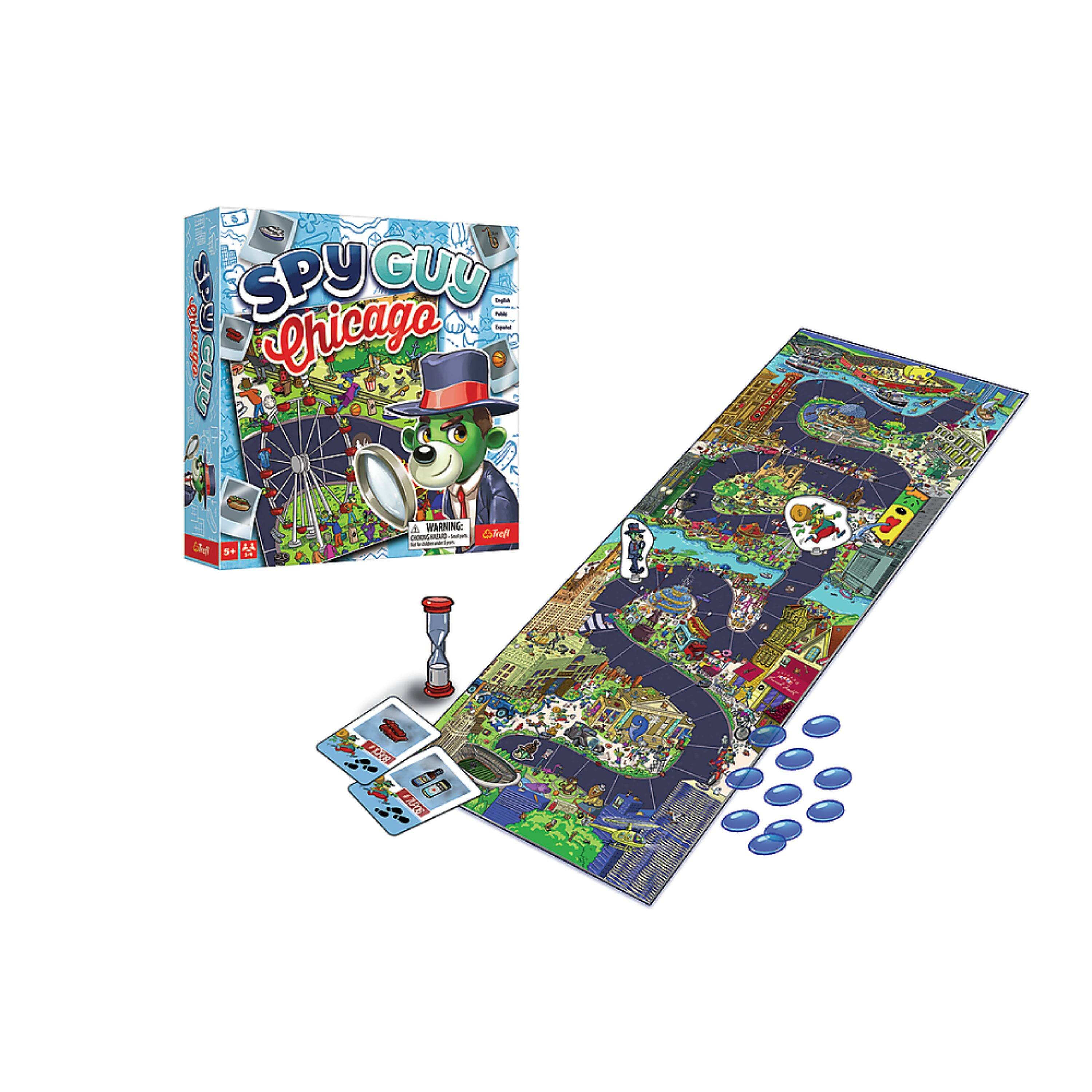 Sure, here is the corrected and grouped text from the image:

---

**SPY GUY Chicago**

**WARNING: CHOKING HAZARD - Small parts. Not for children under 3 years.**

**Ages 8+**

**2-4 Players**

**15-30 Minutes**

**English, Spanish, French, German**

**Includes:**

- Game Board
- 40 Mission Cards
- 40 Spy Cards
- 40 Mission Tokens
- 40 Spy Tokens
- 1 Mission Timer
- 1 Rulebook

**Objective:**

Be the first to complete 5 missions to become the top spy in Chicago!

**How to Play:**

1. Each player chooses a spy and places their spy token on the starting point.
2. Draw a mission card and read the objective.
3. Use your spy cards to move around the board and complete the mission.
4. The first player to complete 5 missions wins!

**Mission Cards:**

- **Police Car**
- **Fire Truck**
- **Ambulance**
- **Helicopter**

**Spy Cards:**

- **Disguise**
- **Eavesdrop**
- **Stealth**
- **Escape**

**Game