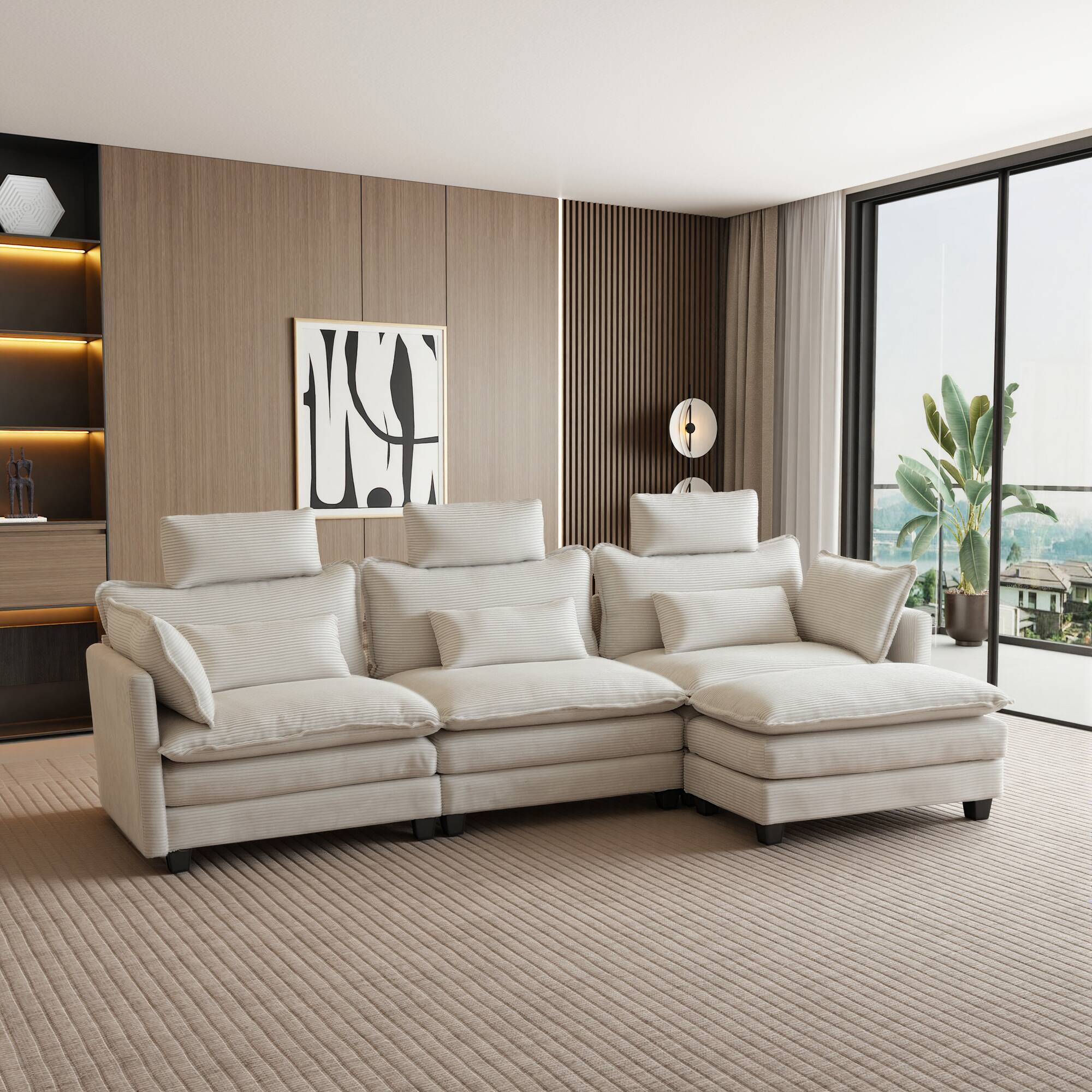 Left. Homsee - Corduroy L-Shaped Sectional Sofa, 4-Seater Living Room Couch with High Backrest, Pocket Springs & Plush Pillows - White.