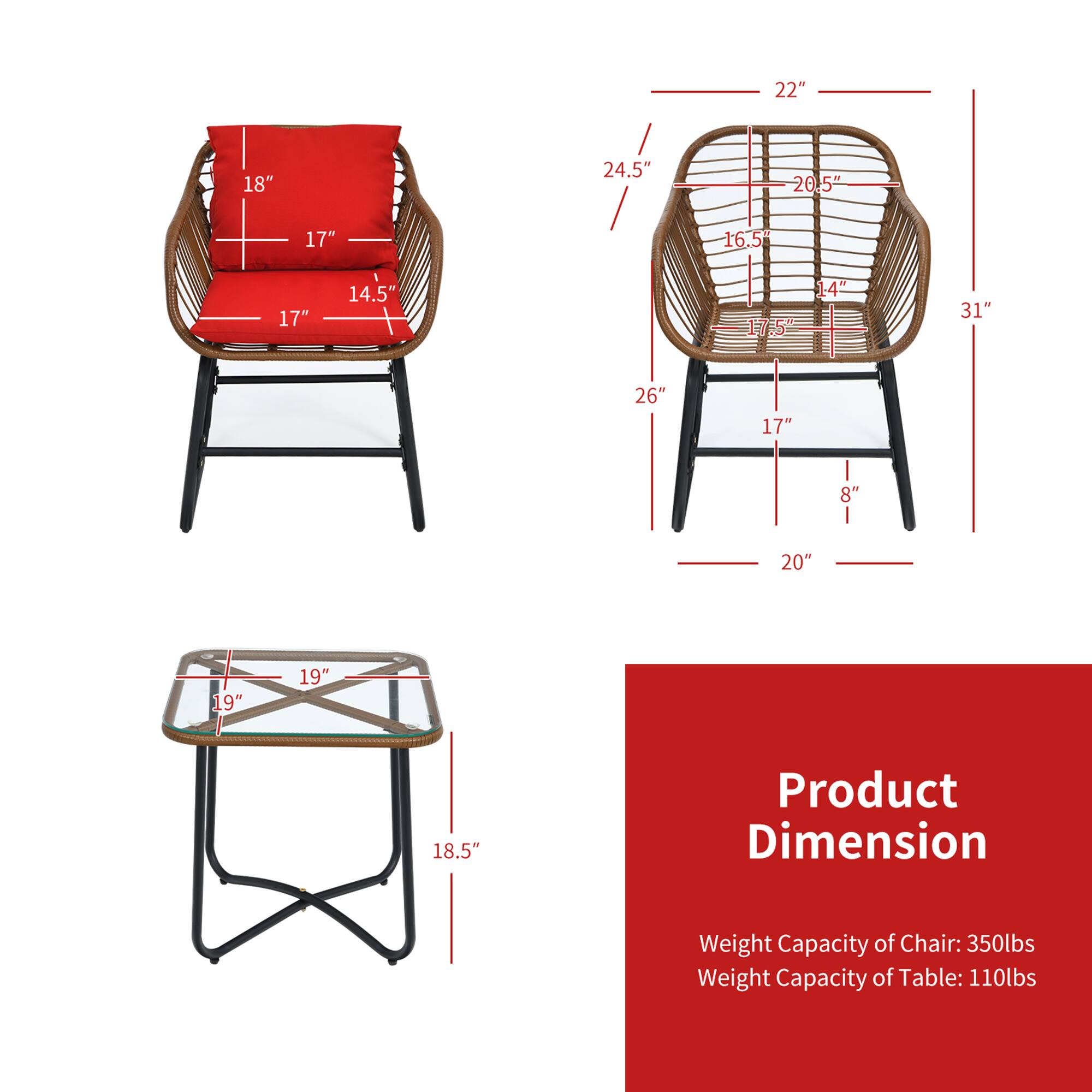 **Product Dimension**

- Chair Dimensions:
  - Width: 18"
  - Depth: 17"
  - Height: 31"
  - Seat Height: 17"
  - Seat Depth: 14.5"
  - Back Height: 24.5"
  - Back Width: 20.5"
  - Armrest Height: 22"
  - Leg Width: 20"
  - Leg Depth: 26"
  - Leg Height: 8"

- Table Dimensions:
  - Width: 19"
  - Depth: 19"
  - Height: 18.5"

**Weight Capacity:**
- Chair: 350lbs
- Table: 110lbs