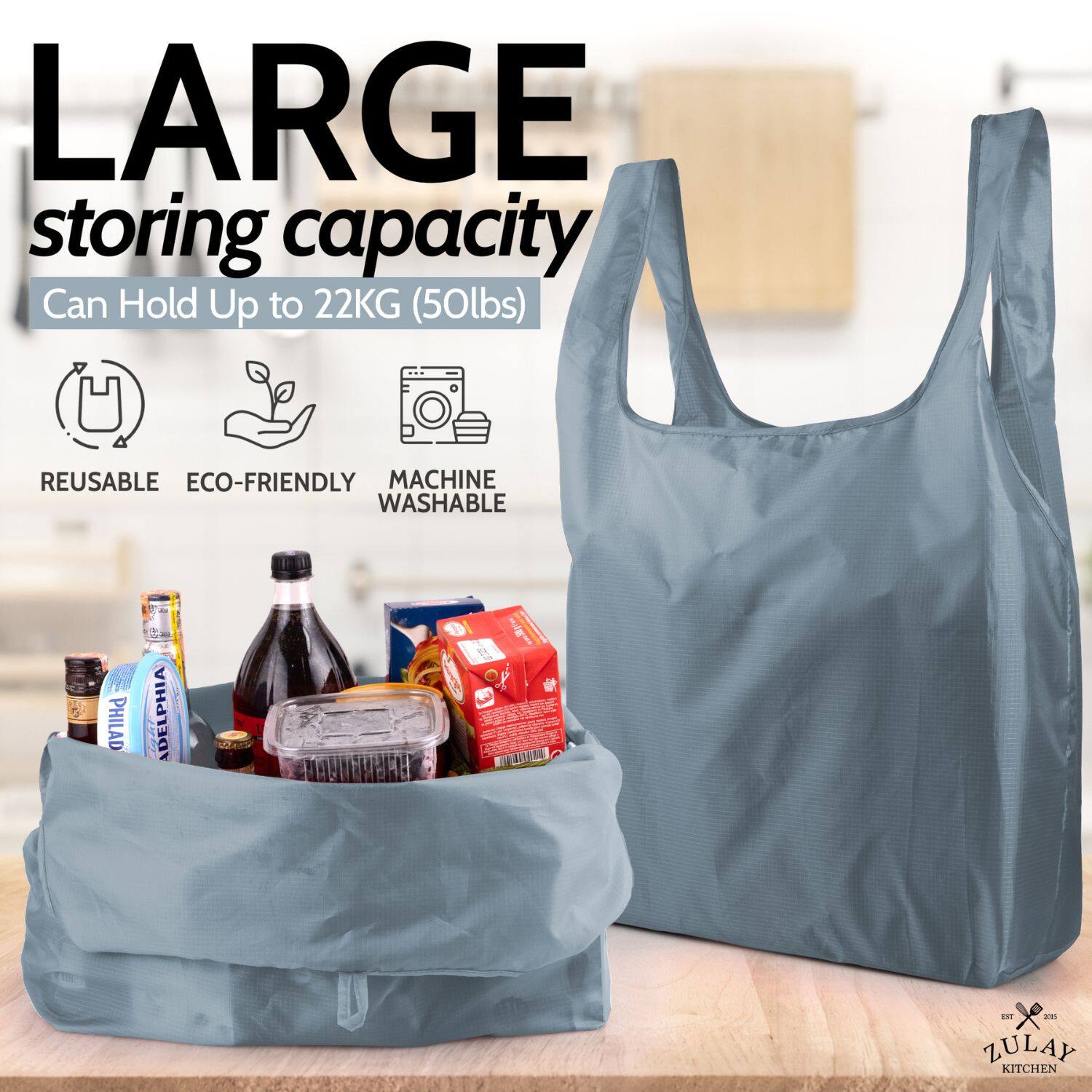 LARGE  
storing capacity  
Can Hold Up to 22KG (50lbs)  

REUSABLE  
ECO-FRIENDLY  
MACHINE WASHABLE  

PHILADELPHIA  
ZULAY KITCHEN