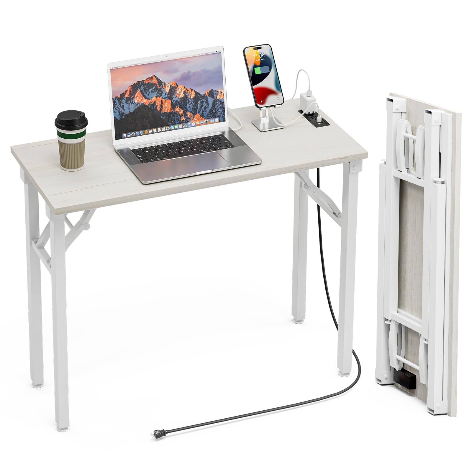 Front. Stylel Star - TEMI Small Computer Desk Folding Table - 35.8" Foldable Office Desk, No Assembly, Perfect for Small Spaces in Bedroom - White Ash.