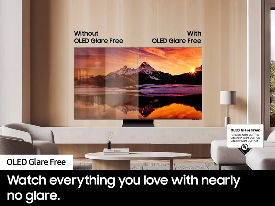 The text on the image is grouped and corrected as follows:

Without OLED Glare Free:

* Reflection Glare UGR <10
* Discomfort Glare UGR <22
* Disability Glare UGR <34

With OLED Glare Free:

* Watch everything you love with nearly no glare.