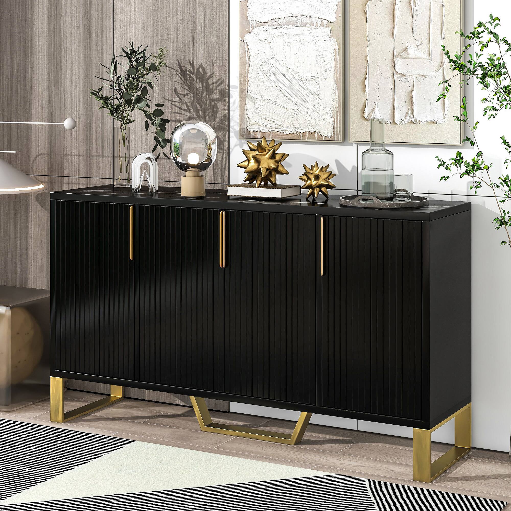 Angle. Spaco - Spaco Modern sideboard, Buffet with 4 Doors, Metal handles, Legs and Adjustable Shelves Kitchen Cabinet - Black.