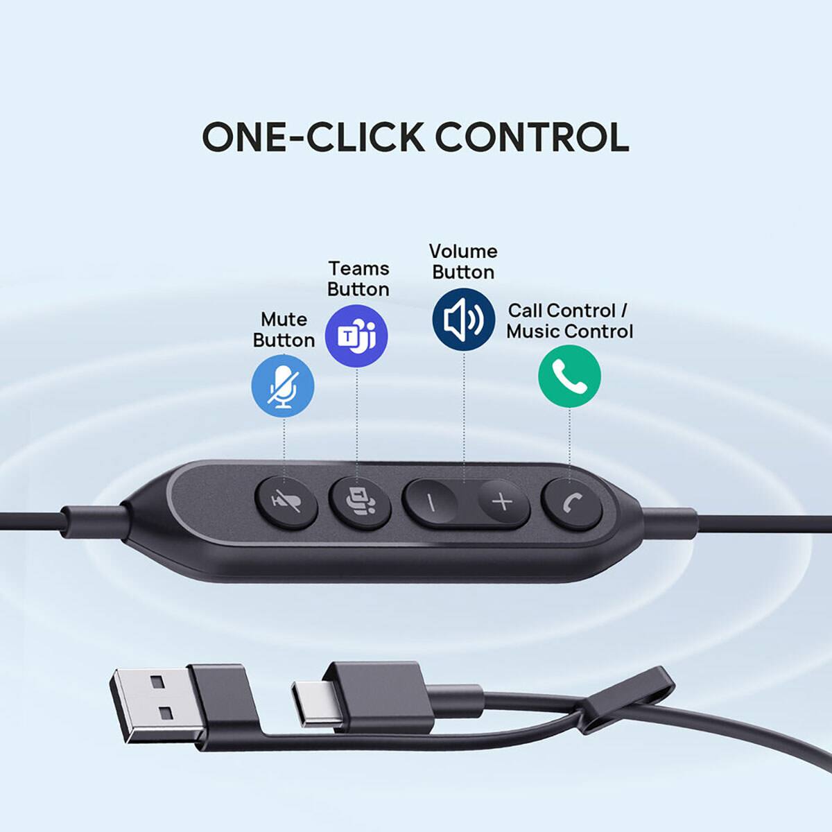 ONE-CLICK CONTROL

- Volume Button
- Call Control / Music Control
- Teams Button
- Mute Button