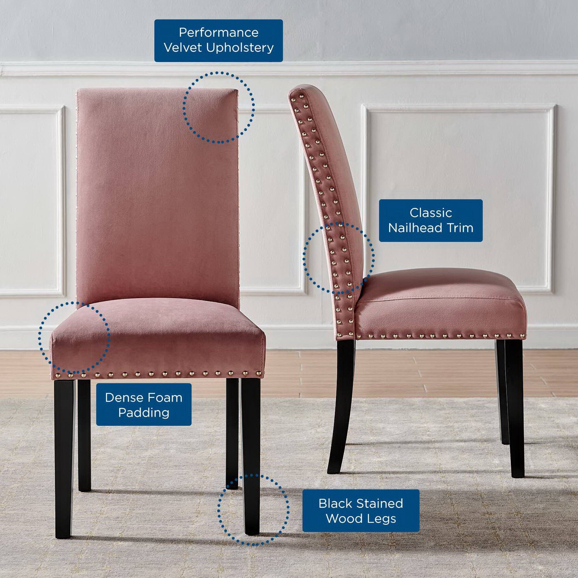 - Performance Velvet Upholstery
- Classic Nailhead Trim
- Dense Foam Padding
- Black Stained Wood Legs