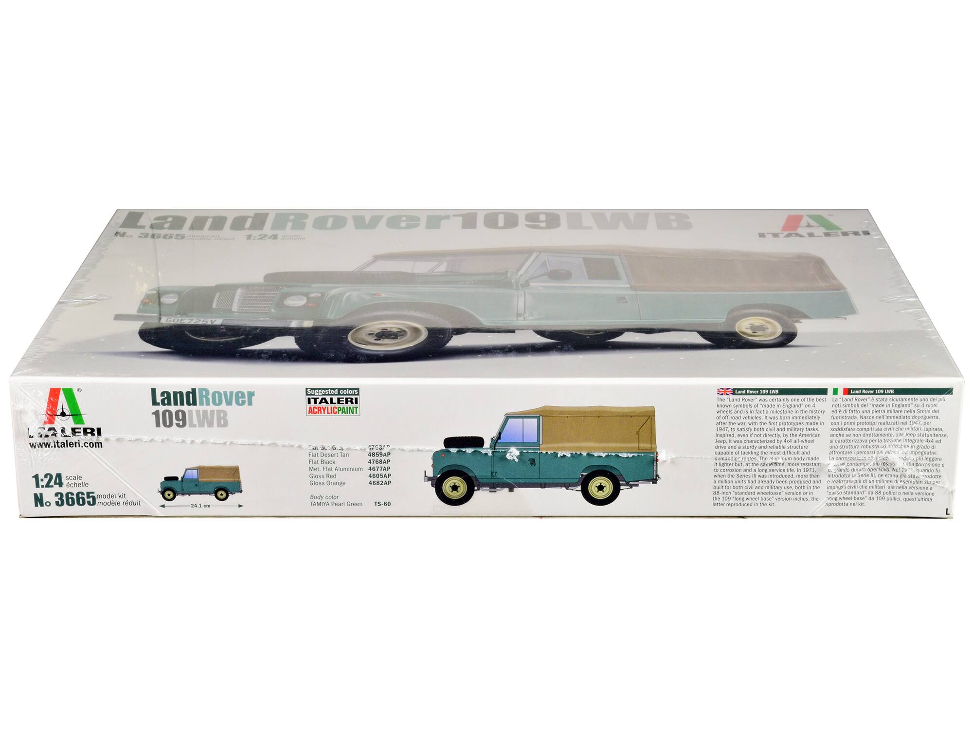 Land Rover 109LWB  
N. 3665  
1:24 scale  
www.italeri.com  

Suggested colors:  
- Black: 4859AP  
- Red: 4768AP  
- Met. Fuel Aluminium: 4605AP  
- Orange: 4682AP  
- Body color: TS-60  
- A. Pear Green: TS-60  

Land Rover 109LWB  
1:24  
N. 3665  
24.1 cm  

Land Rover 109LWB  
N. 3665  
1:24  
www.italeri.com  

Land Rover 109LWB  
N. 3665  
1:24  
www.italeri.com  

Land Rover 109LWB  
N. 3665  
1:24  
www.italeri.com  

Land Rover 109LWB  
N. 3665  
1:24  
www.italeri.com  

Land Rover 109LWB  
N. 3665  
1: