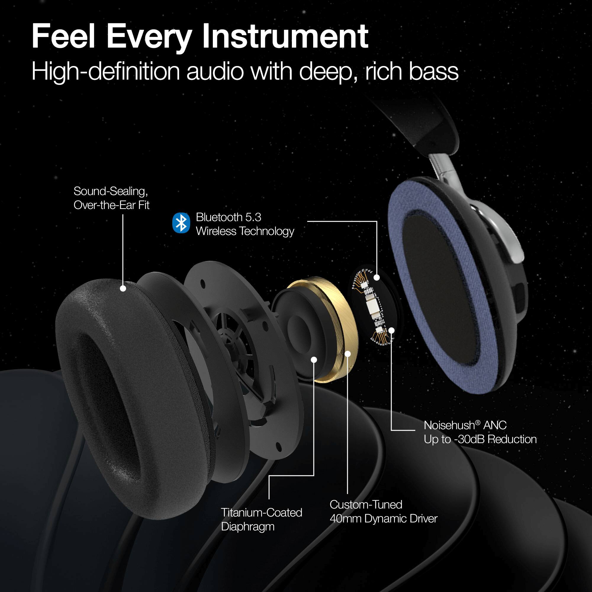Feel Every Instrument  
High-definition audio with deep, rich bass  

- Sound-Sealing, Over-the-Ear Fit  
- Bluetooth 5.3 Wireless Technology  
- Noisehush ANC Up to -30dB Reduction  
- Custom-Tuned 40mm Dynamic Driver  
- Titanium-Coated Diaphragm