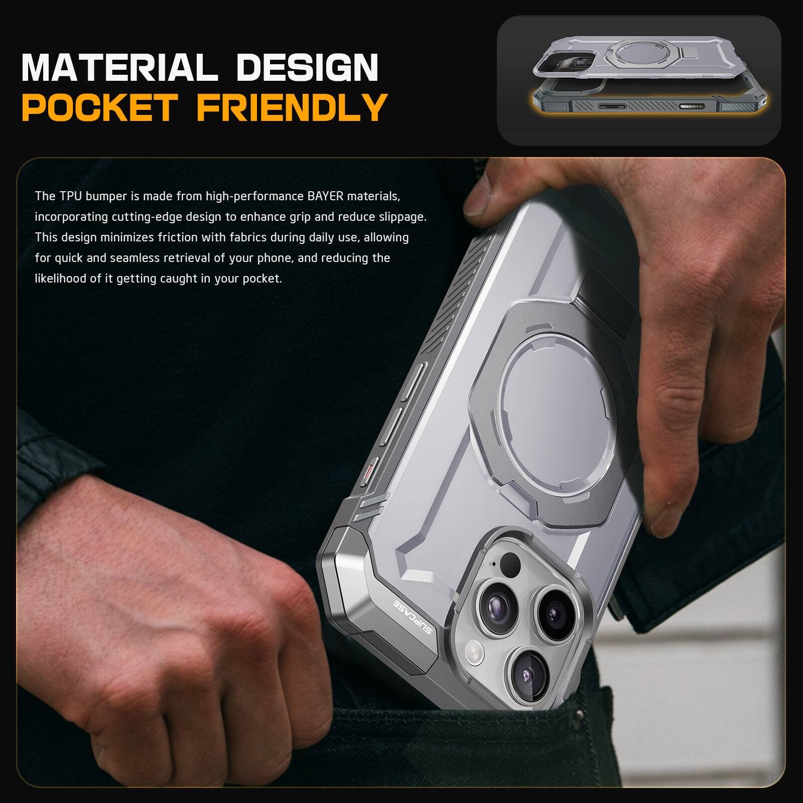 MATERIAL DESIGN POCKET FRIENDLY

The TPU bumper is made from high-performance BAYER materials, incorporating cutting-edge design to enhance grip and reduce slippage. This design minimizes friction with fabrics during daily use, allowing for quick and seamless retrieval of your phone, and reducing the likelihood of it getting caught in your pocket. SUPCASE