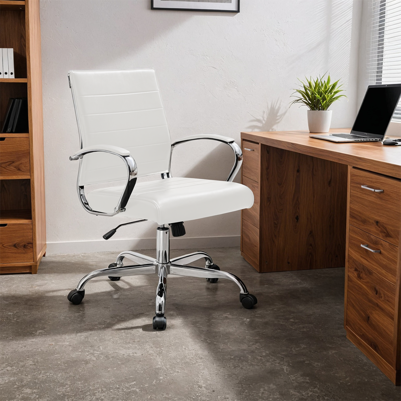 Left. LeisureMod - Pallet - Benmar Leather Office Desk Computer Chair with Ribbed Seat and Steel Frame - White.
